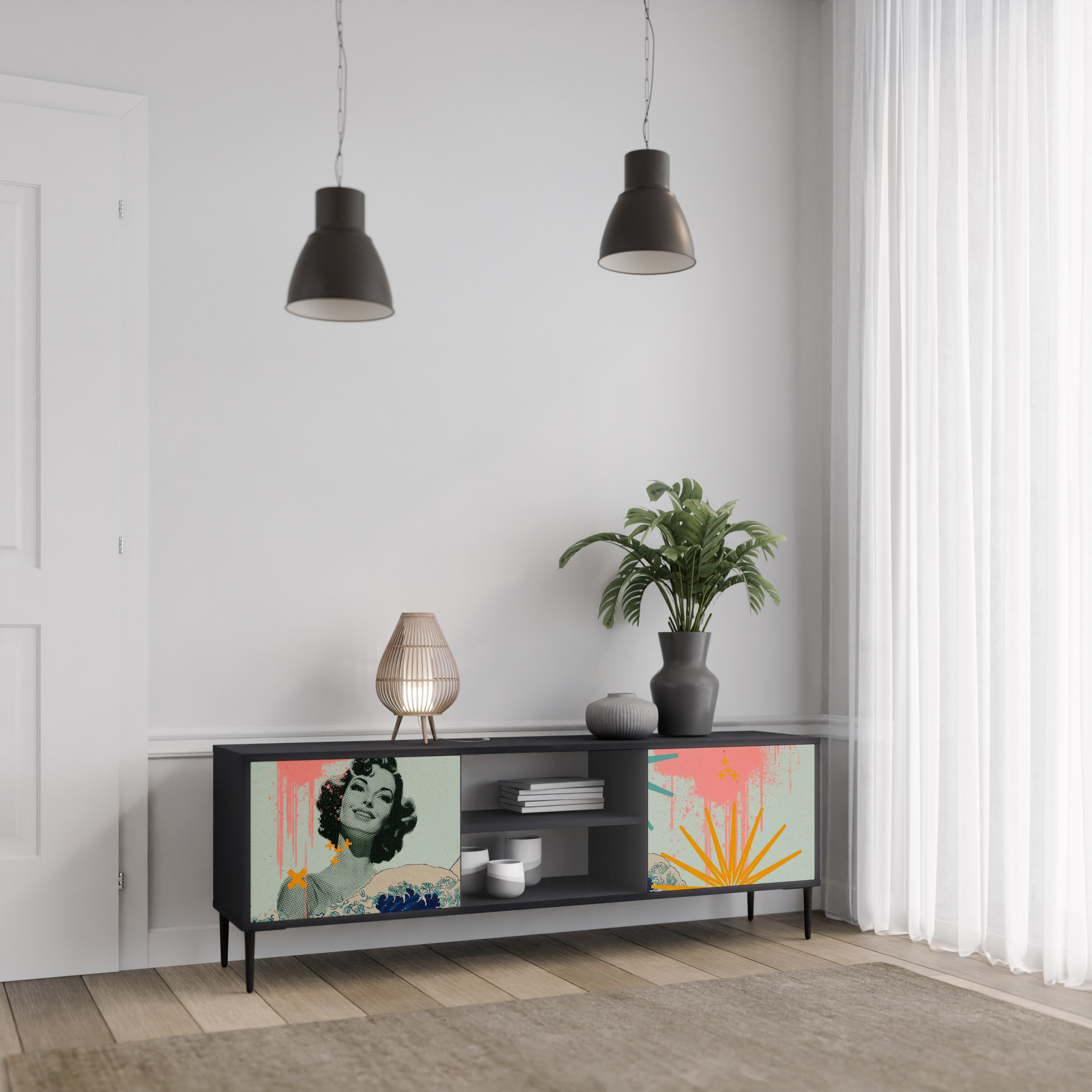 Mueble de TV de 2 puertas KANAGAWA BEAUTY con acabado negro