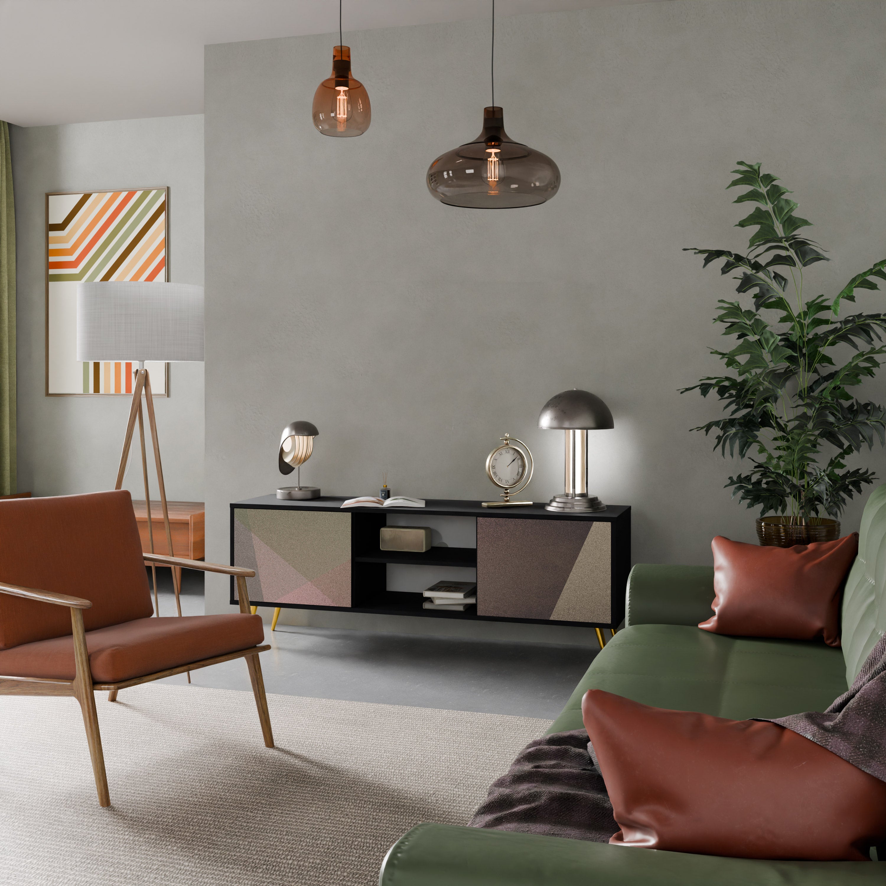 Mueble de TV de 2 puertas BEIGE GEOMETRY en acabado negro