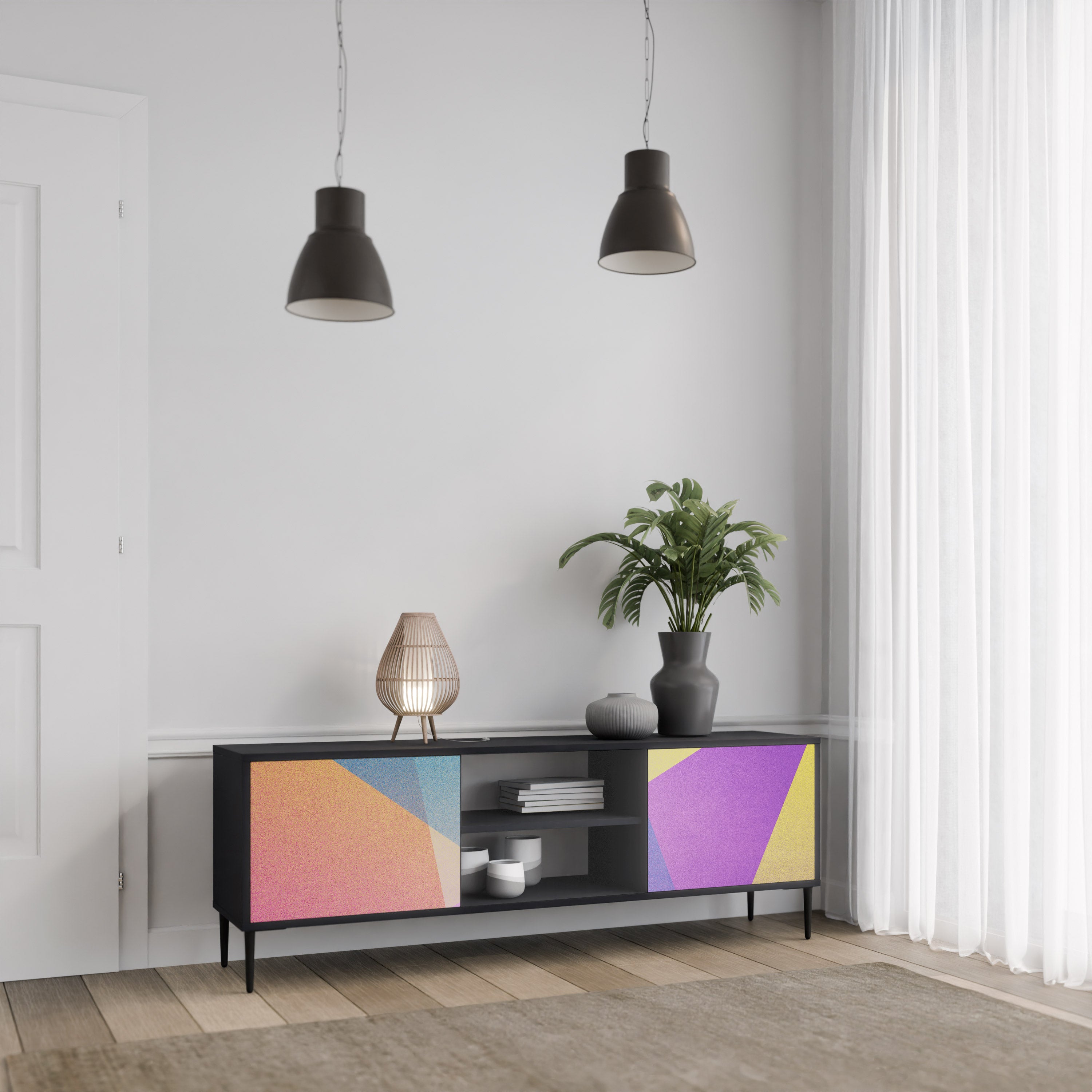 Mueble de TV de 2 puertas BRIGHT GEOMETRY con acabado negro