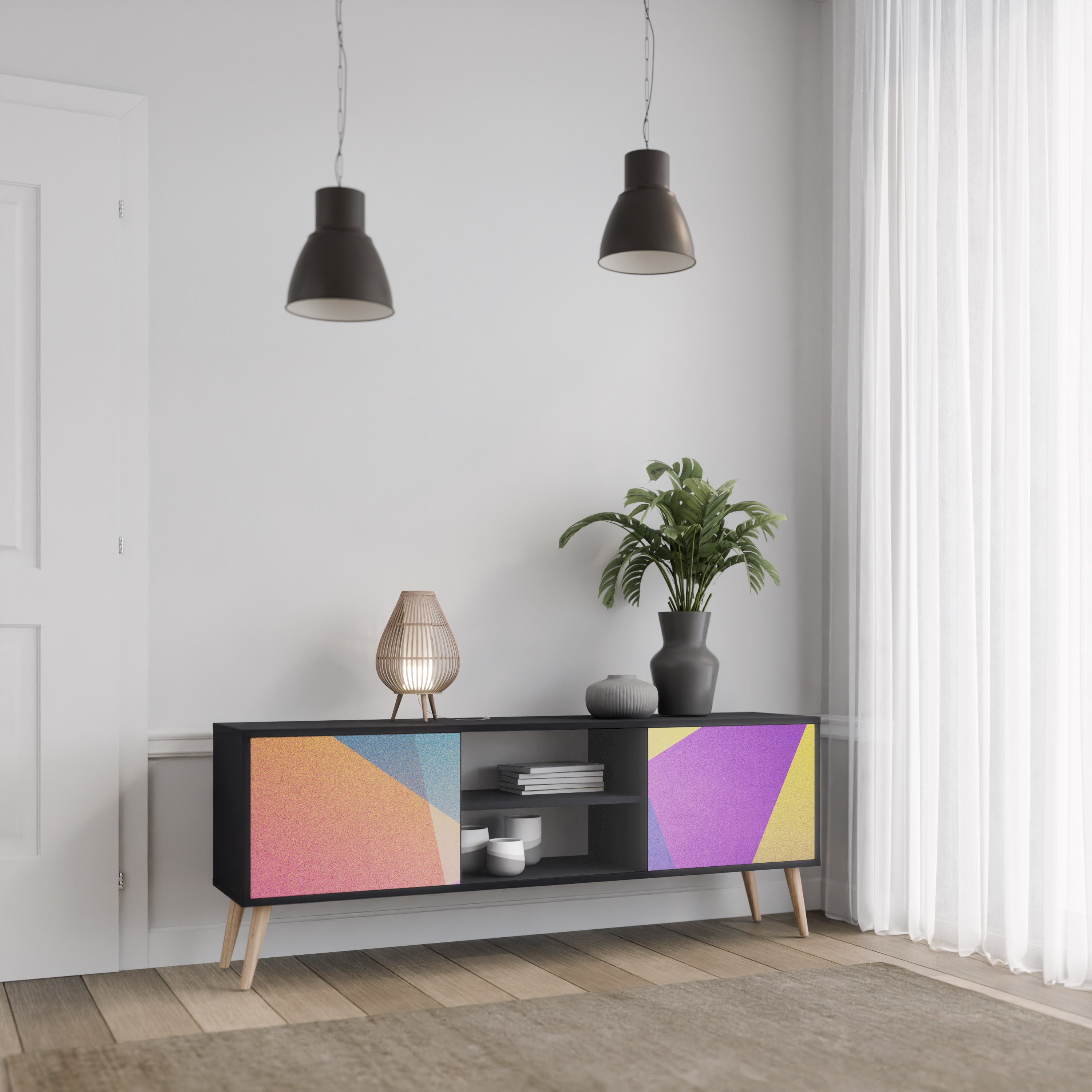 Mueble de TV de 2 puertas BRIGHT GEOMETRY con acabado negro