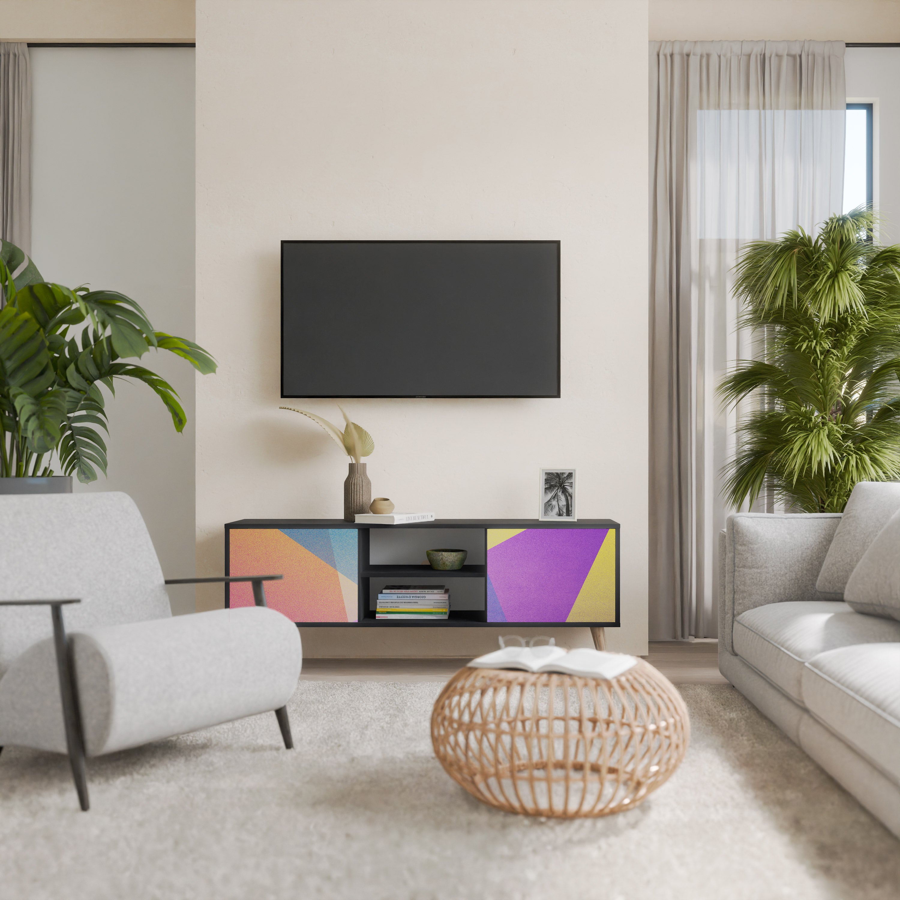 Mueble de TV de 2 puertas BRIGHT GEOMETRY con acabado negro