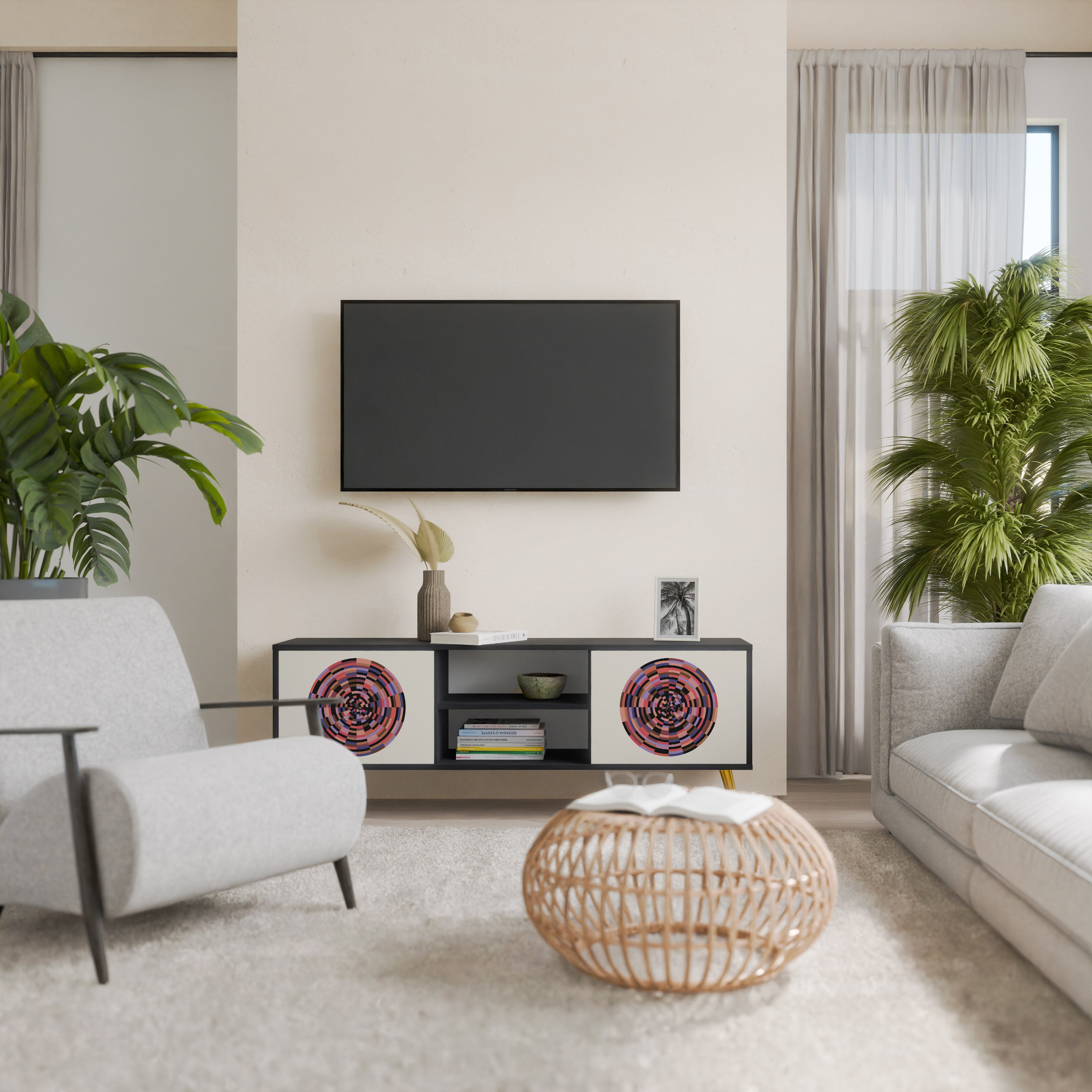 Mueble de TV de 2 puertas BROWN CIRCLES con acabado negro