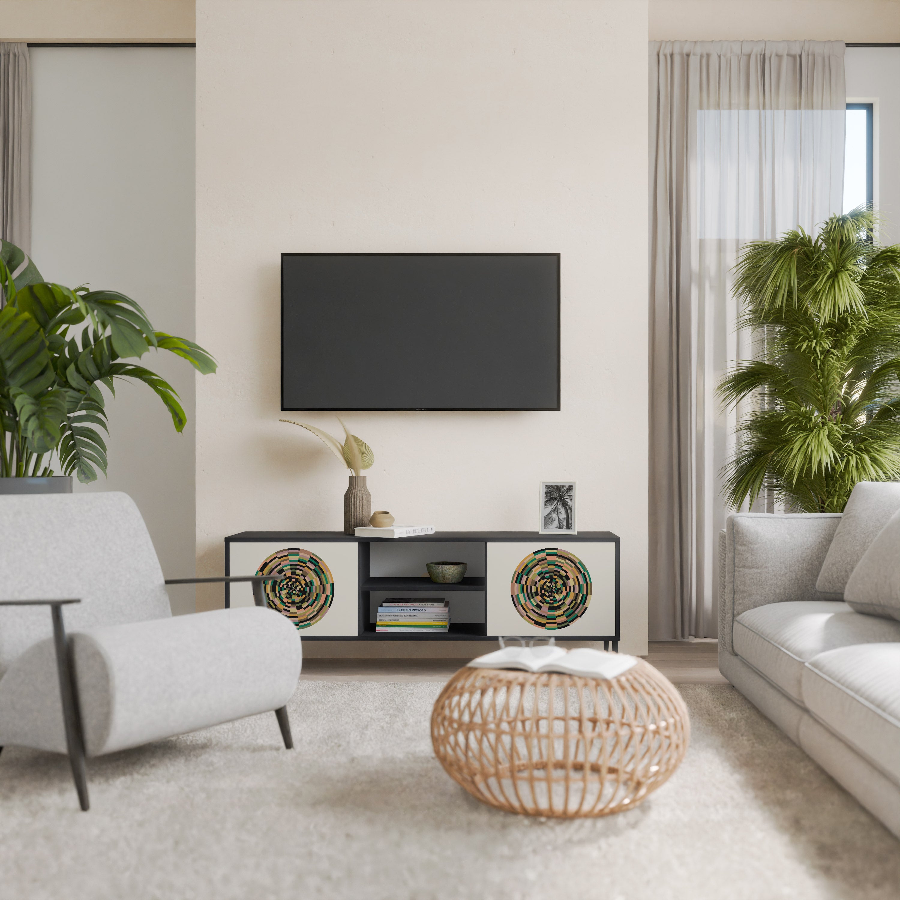 Mueble de TV de 2 puertas GREEN CIRCLES con acabado negro