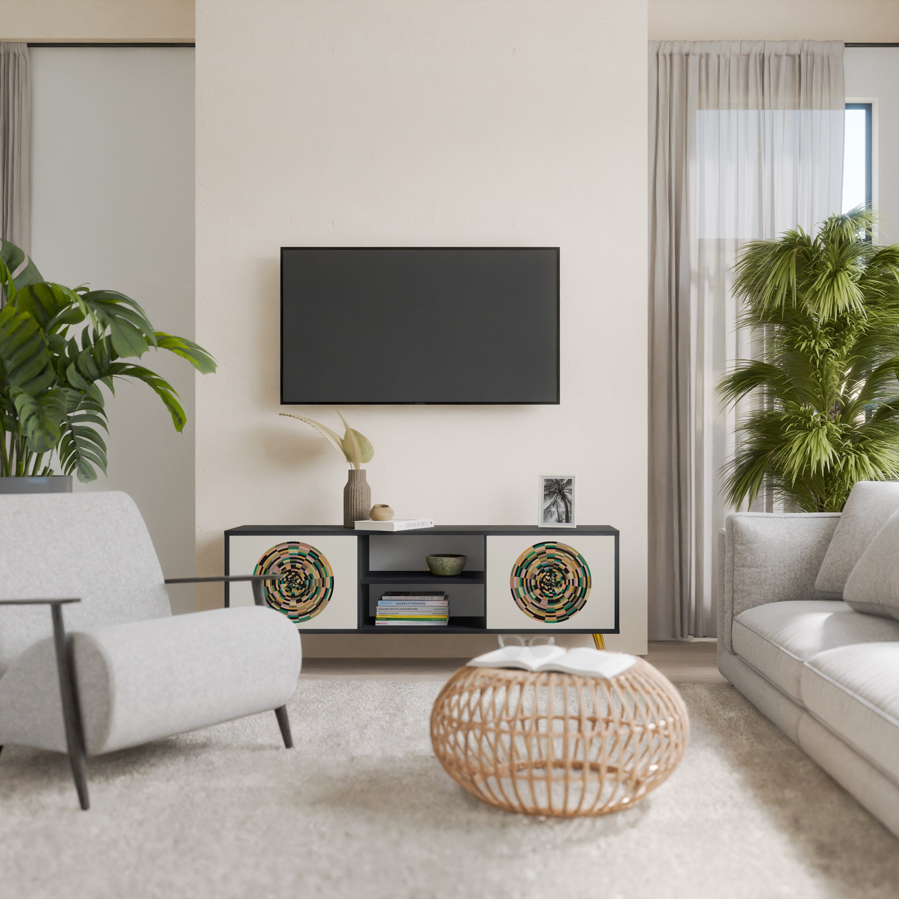 Mueble de TV de 2 puertas GREEN CIRCLES con acabado negro