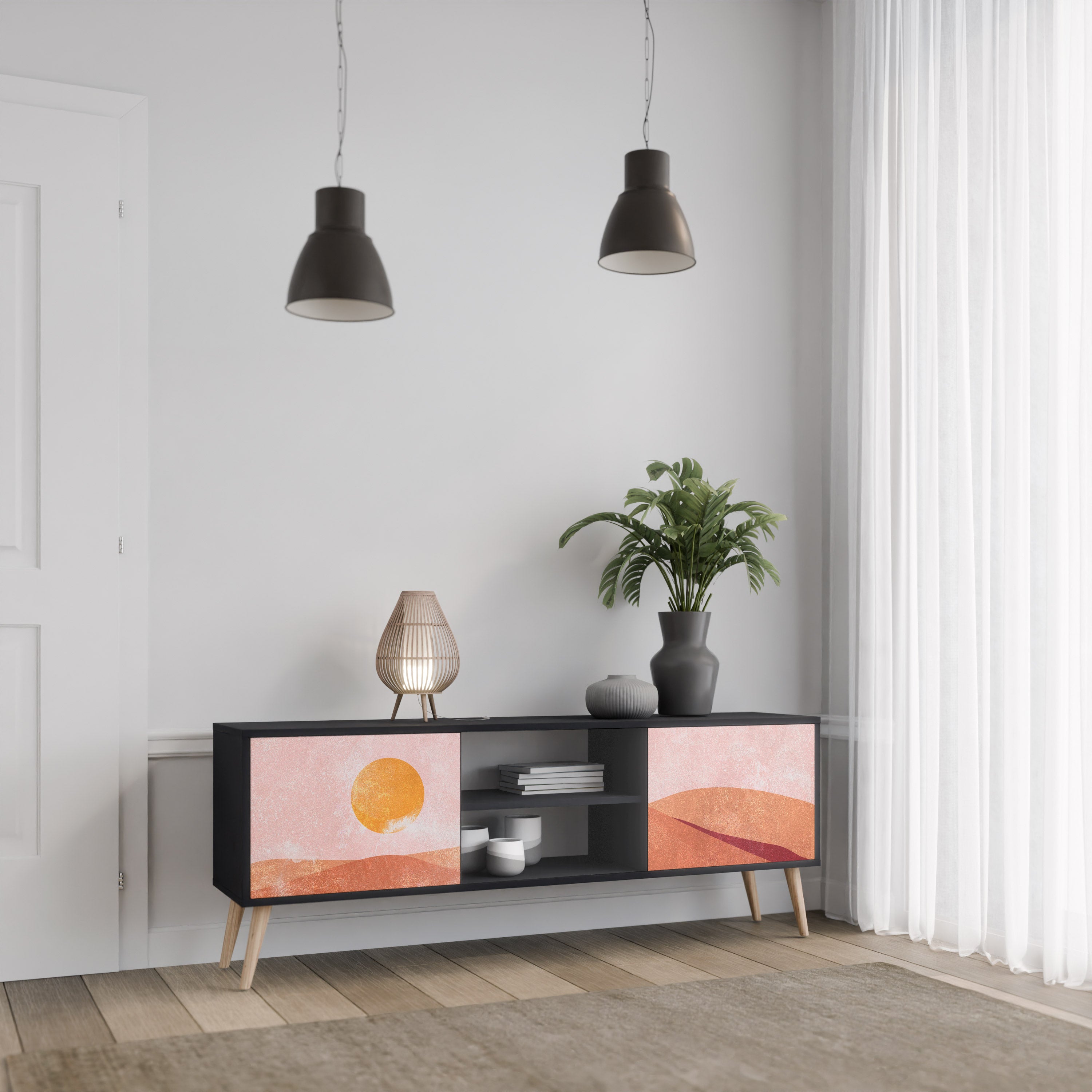 Mueble de TV de 2 puertas LUMINOUS SUNLIGHT con acabado negro