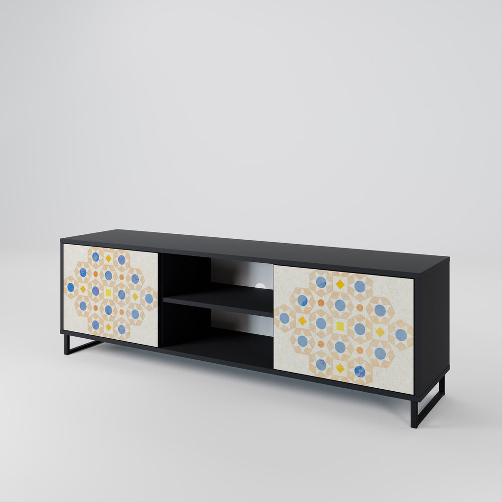 Mueble de TV de 2 puertas con diseño de prisma estampado en acabado negro