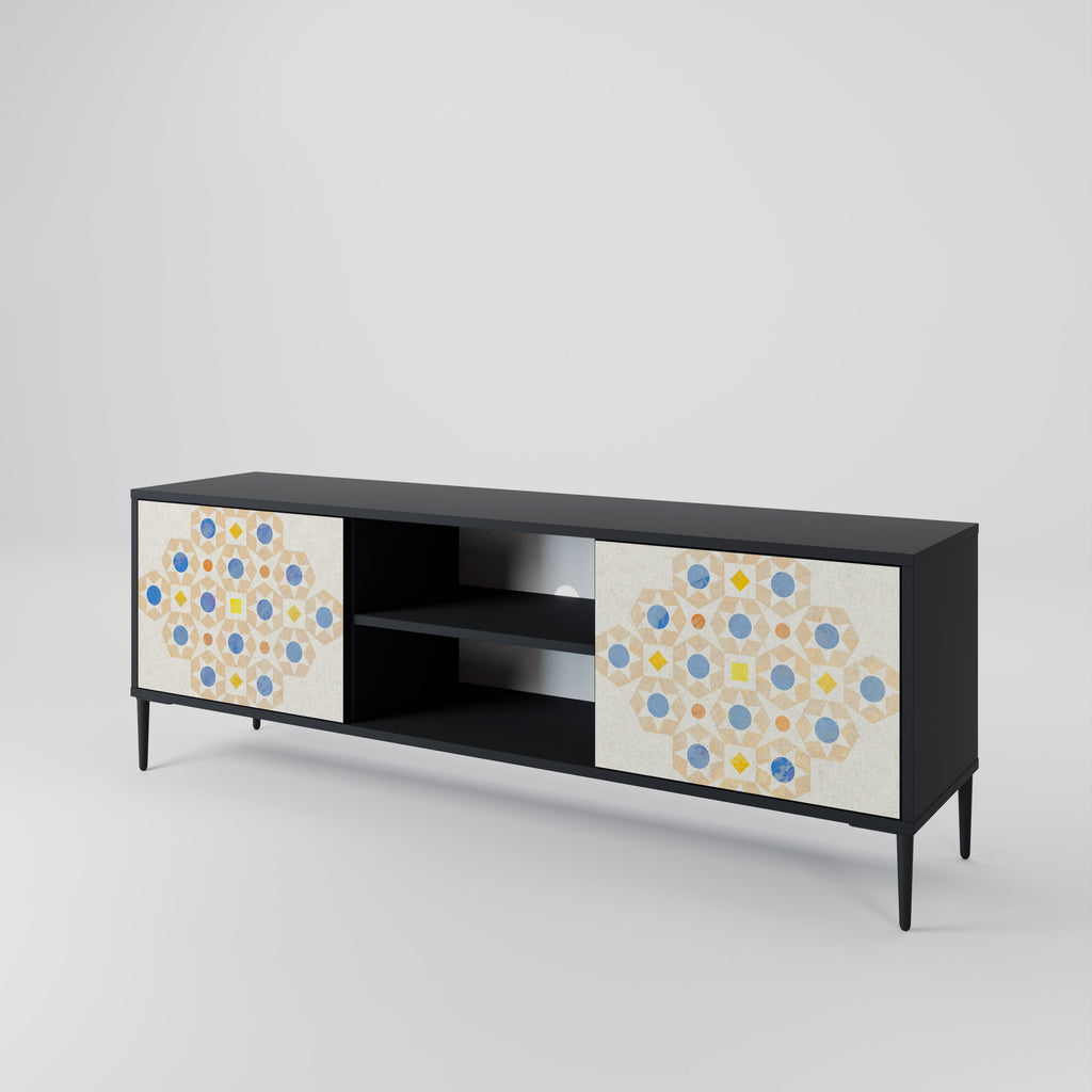 Mueble de TV de 2 puertas con diseño de prisma estampado en acabado negro