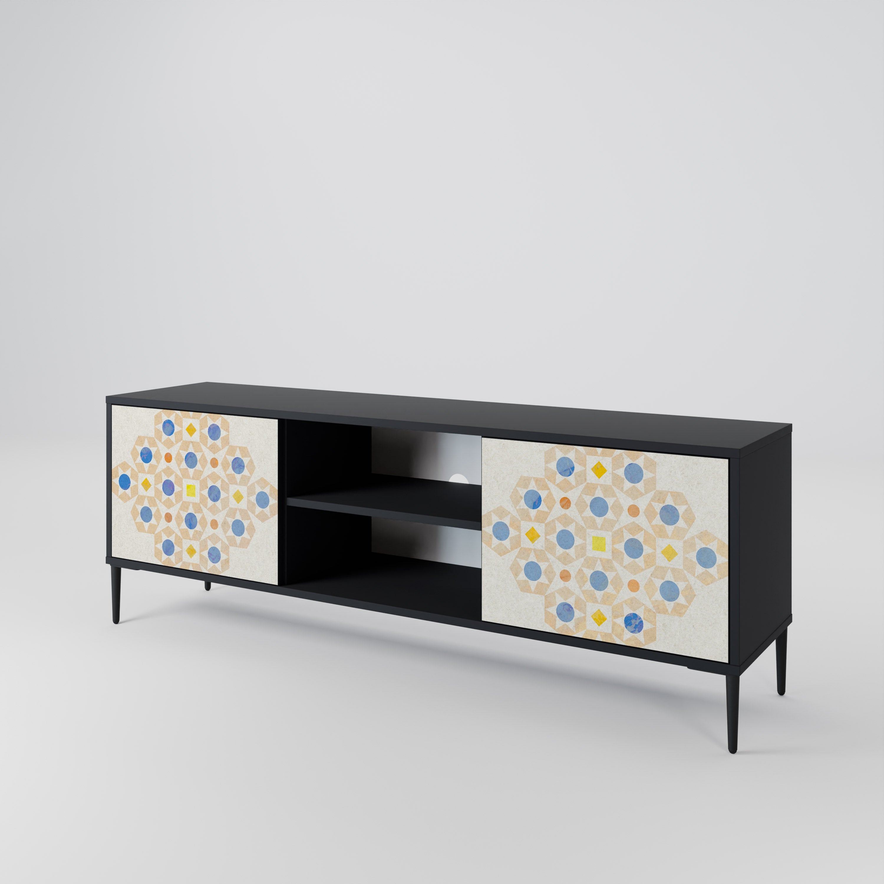 Mueble de TV de 2 puertas con diseño de prisma estampado en acabado negro