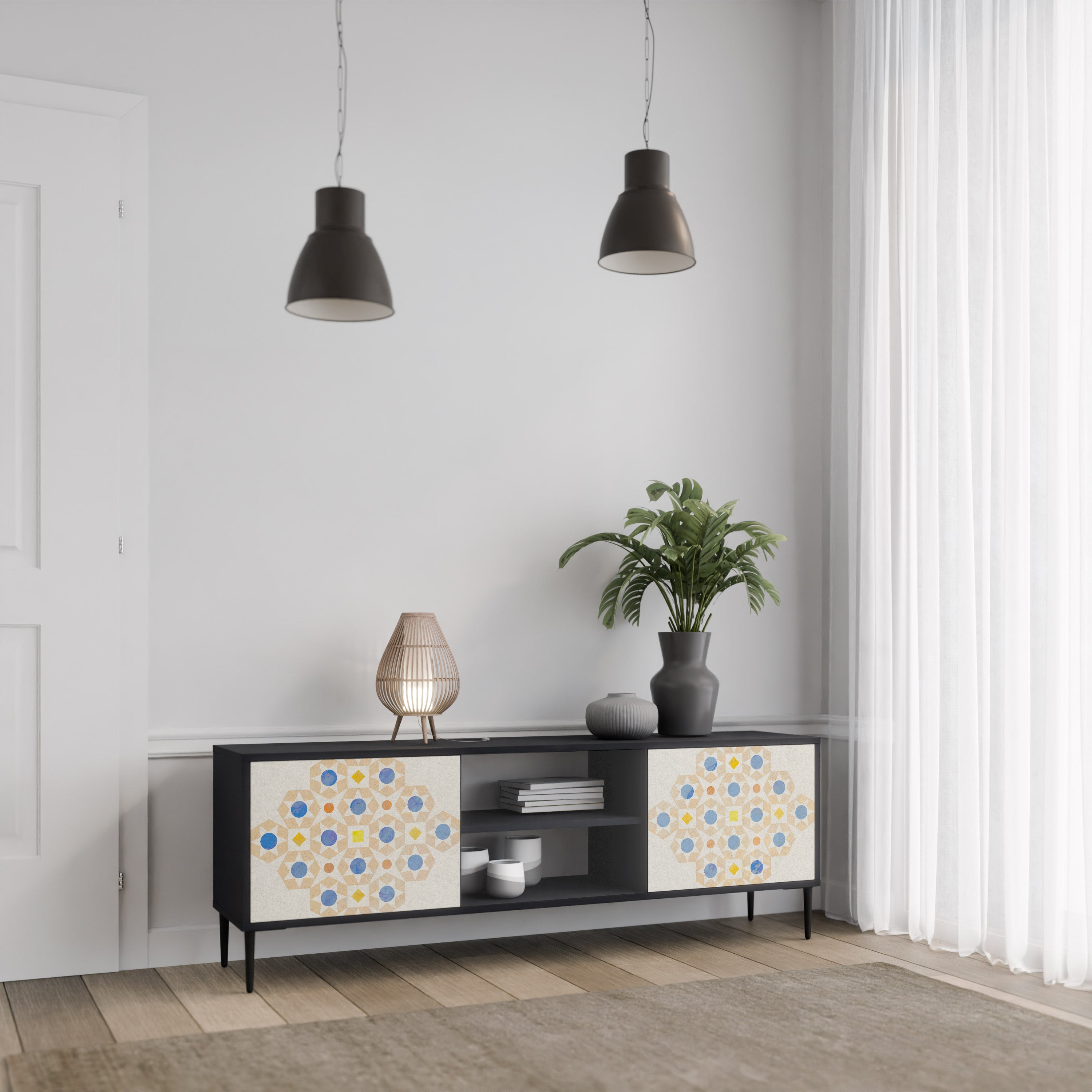 Mueble de TV de 2 puertas con diseño de prisma estampado en acabado negro
