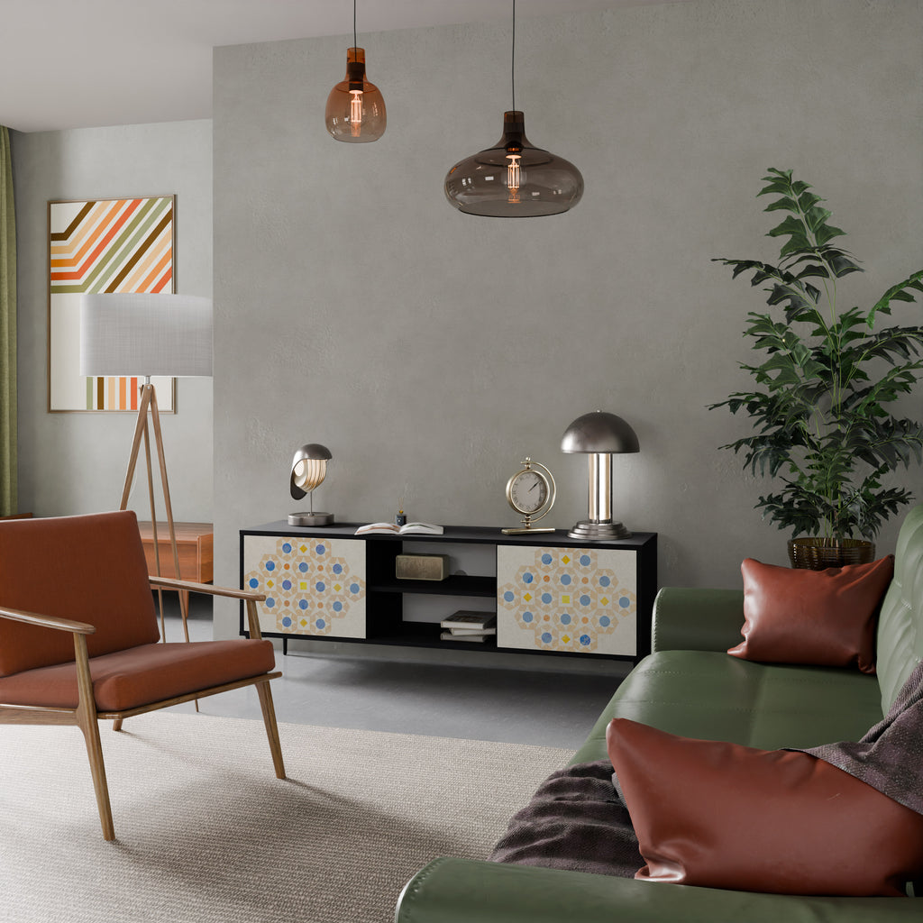 Mueble de TV de 2 puertas con diseño de prisma estampado en acabado negro