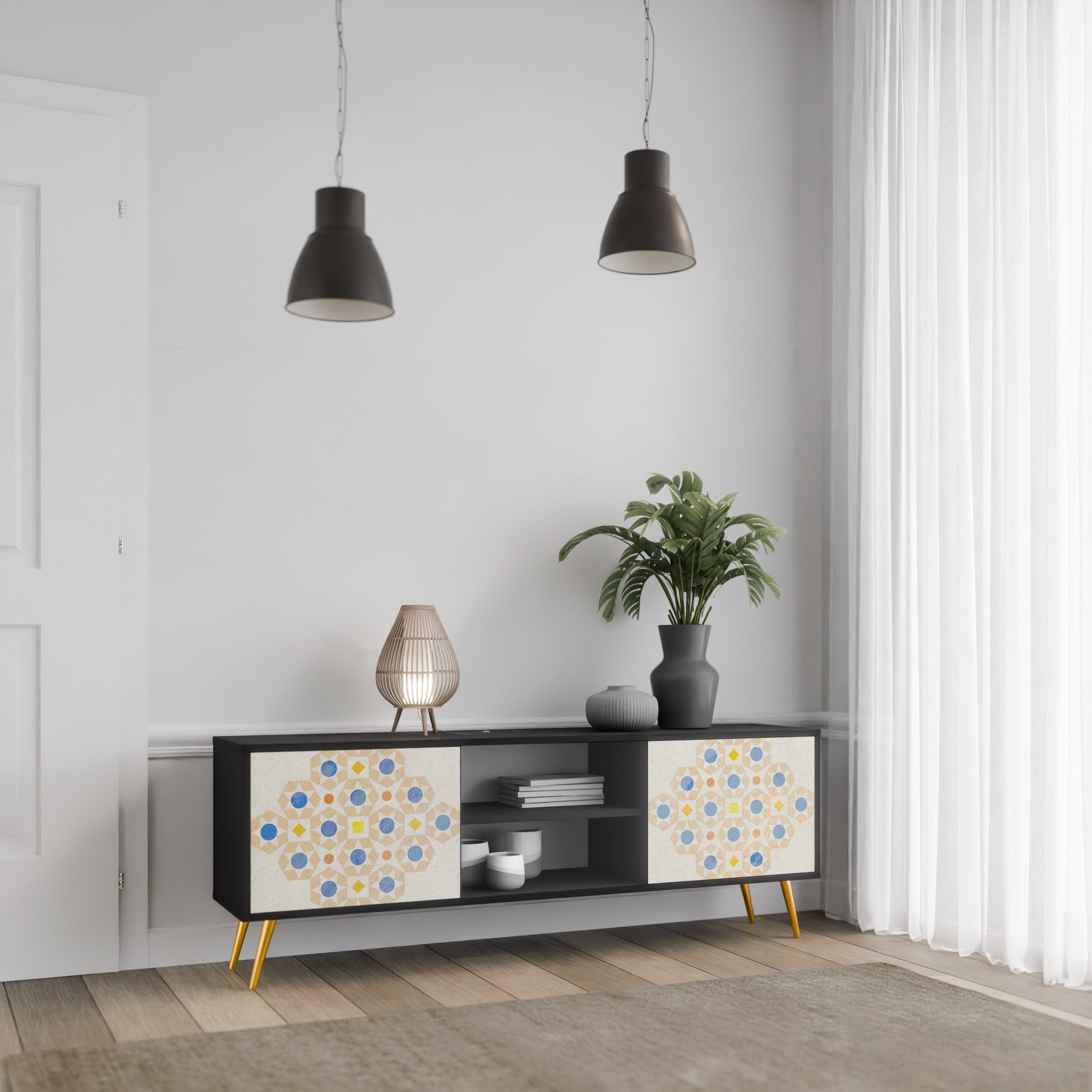 Mueble de TV de 2 puertas con diseño de prisma estampado en acabado negro