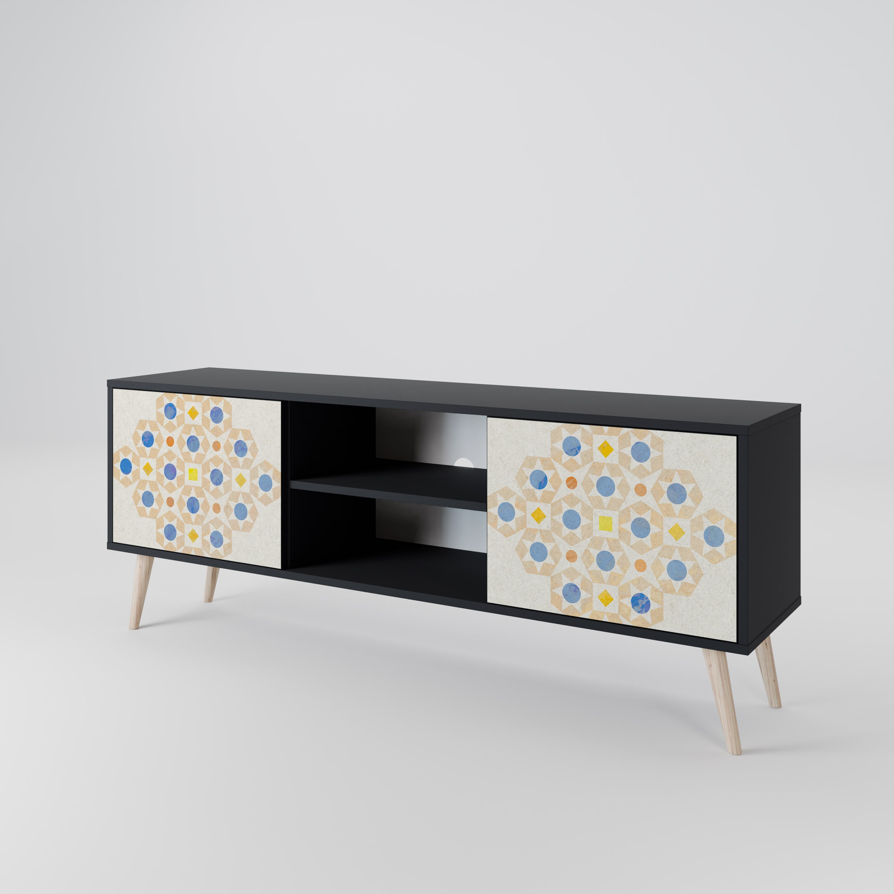 Mueble de TV de 2 puertas con diseño de prisma estampado en acabado negro