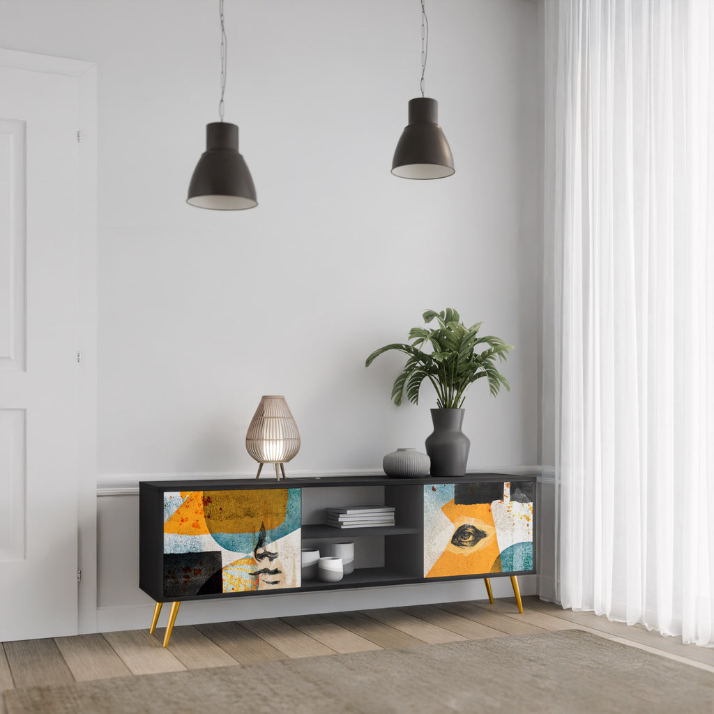 ABSTRACT FACES 2-Door TV Stand in Black Finish