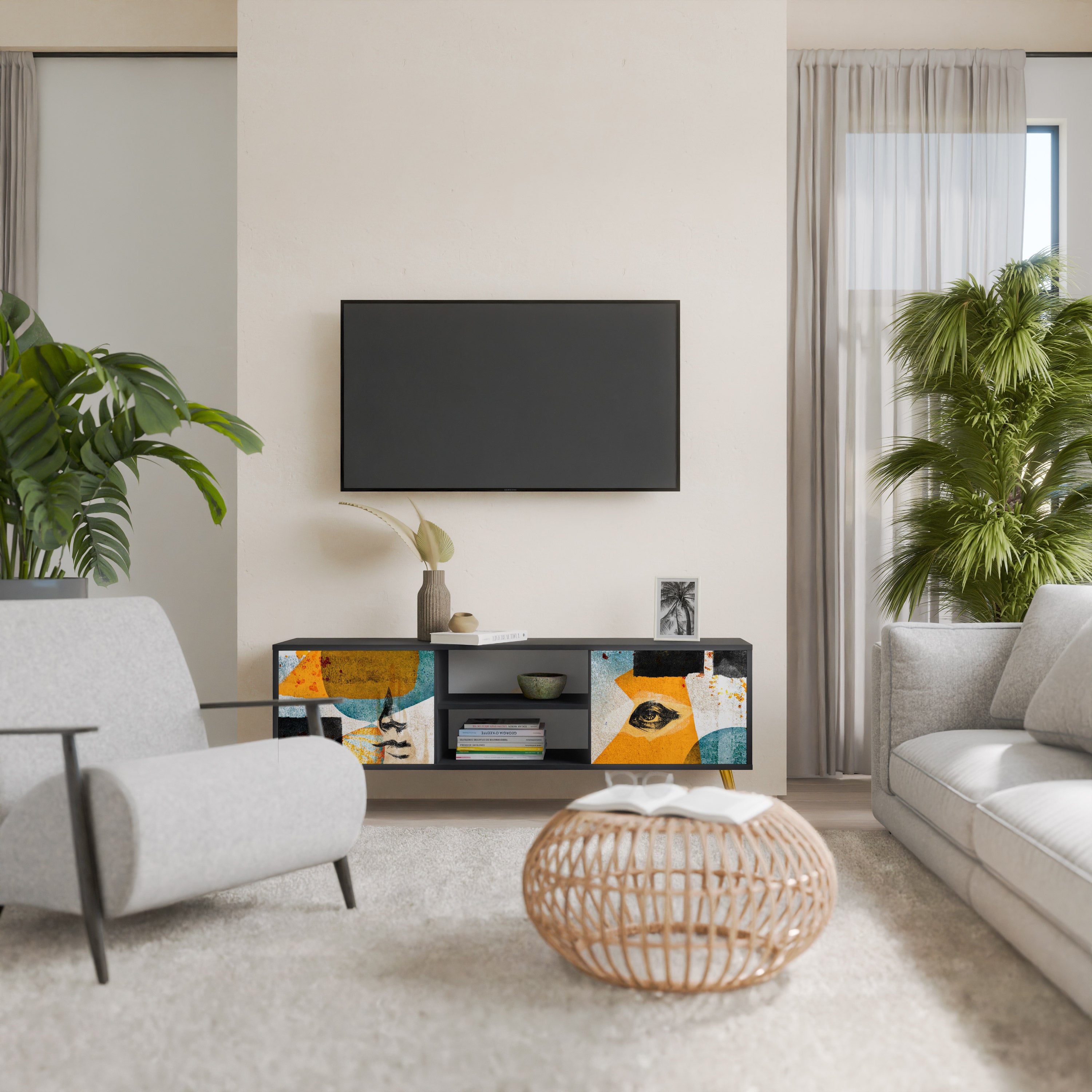 ABSTRACT FACES 2-Door TV Stand in Black Finish