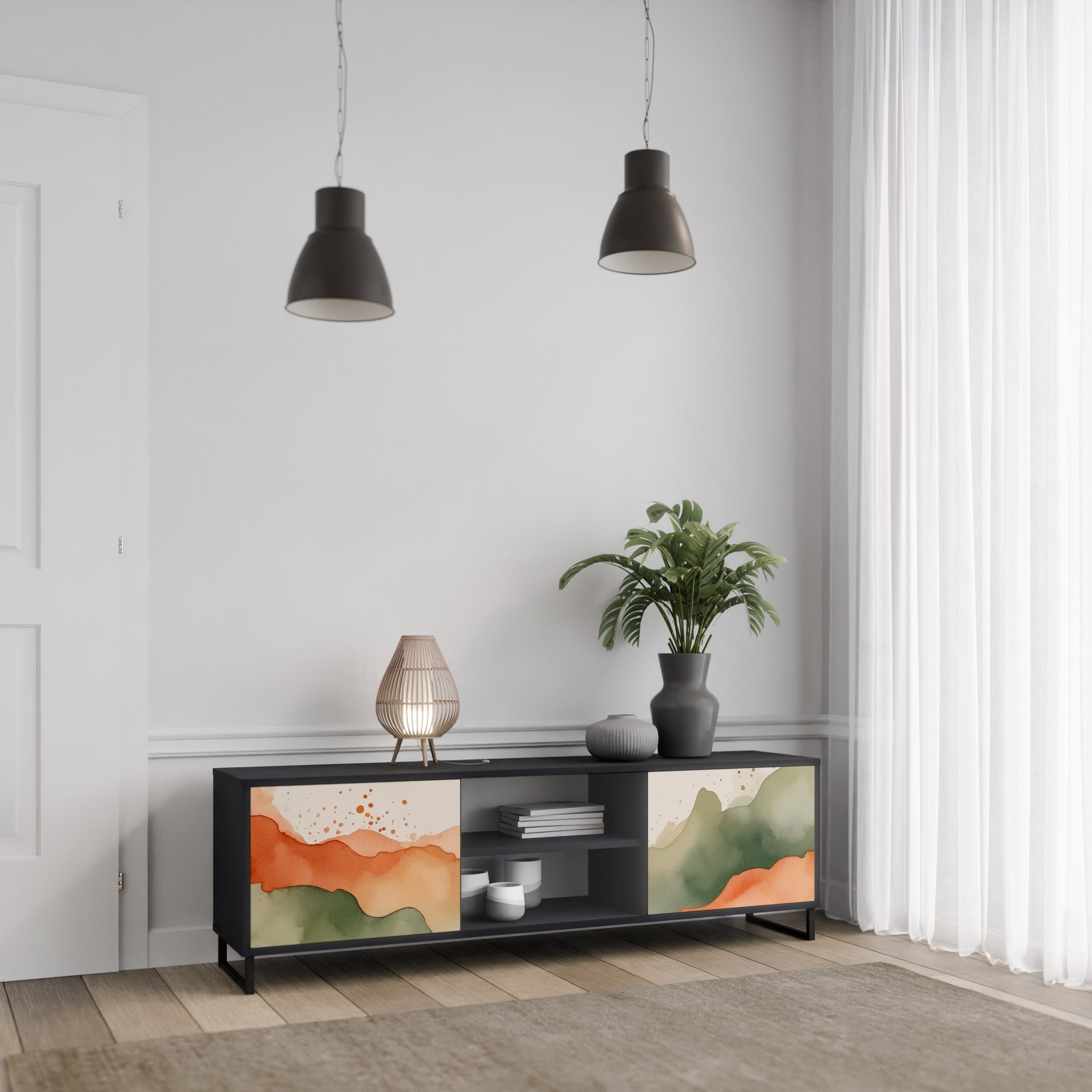 Mueble de TV WATERCOLOUR PEAKS de 2 puertas con acabado negro