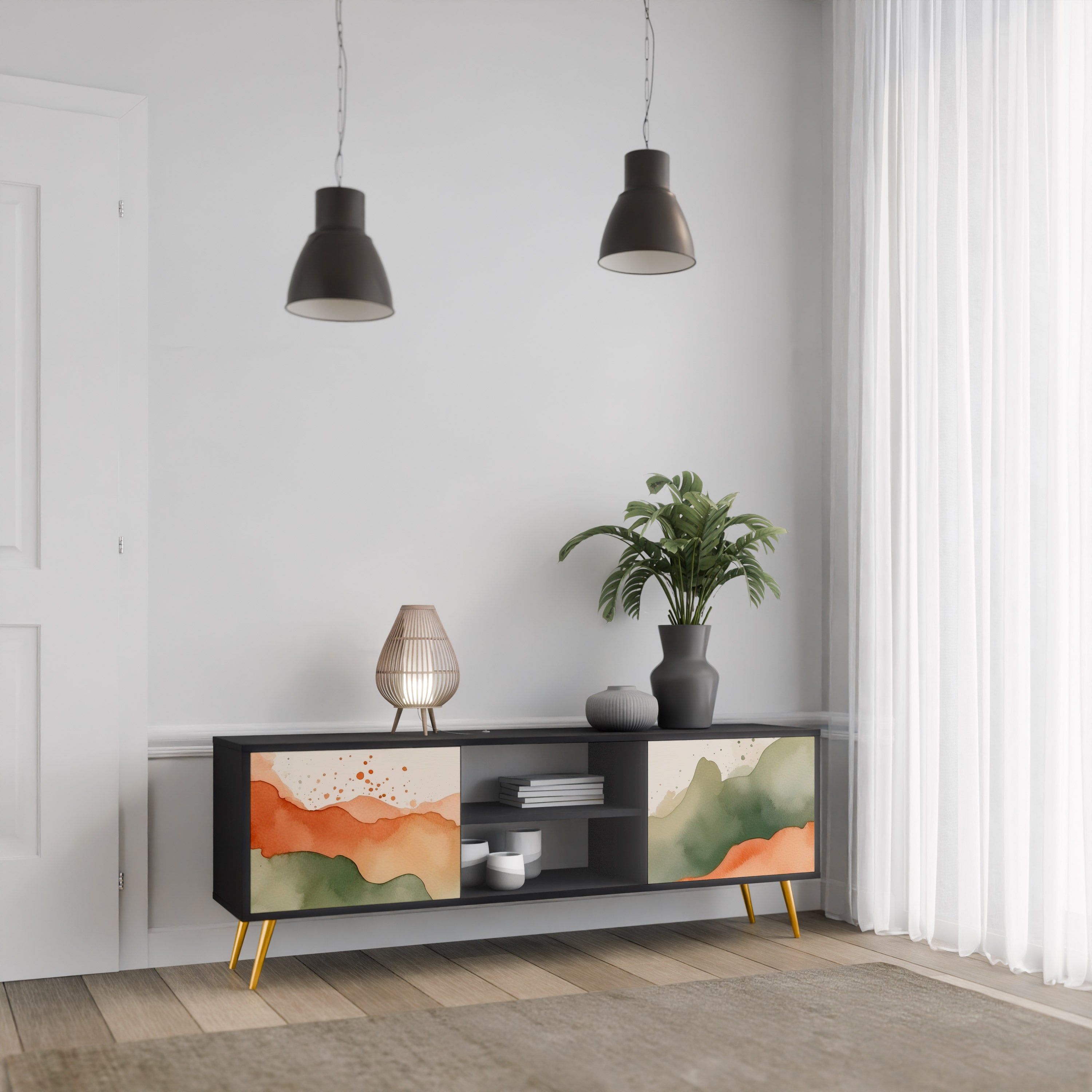 Mueble de TV WATERCOLOUR PEAKS de 2 puertas con acabado negro