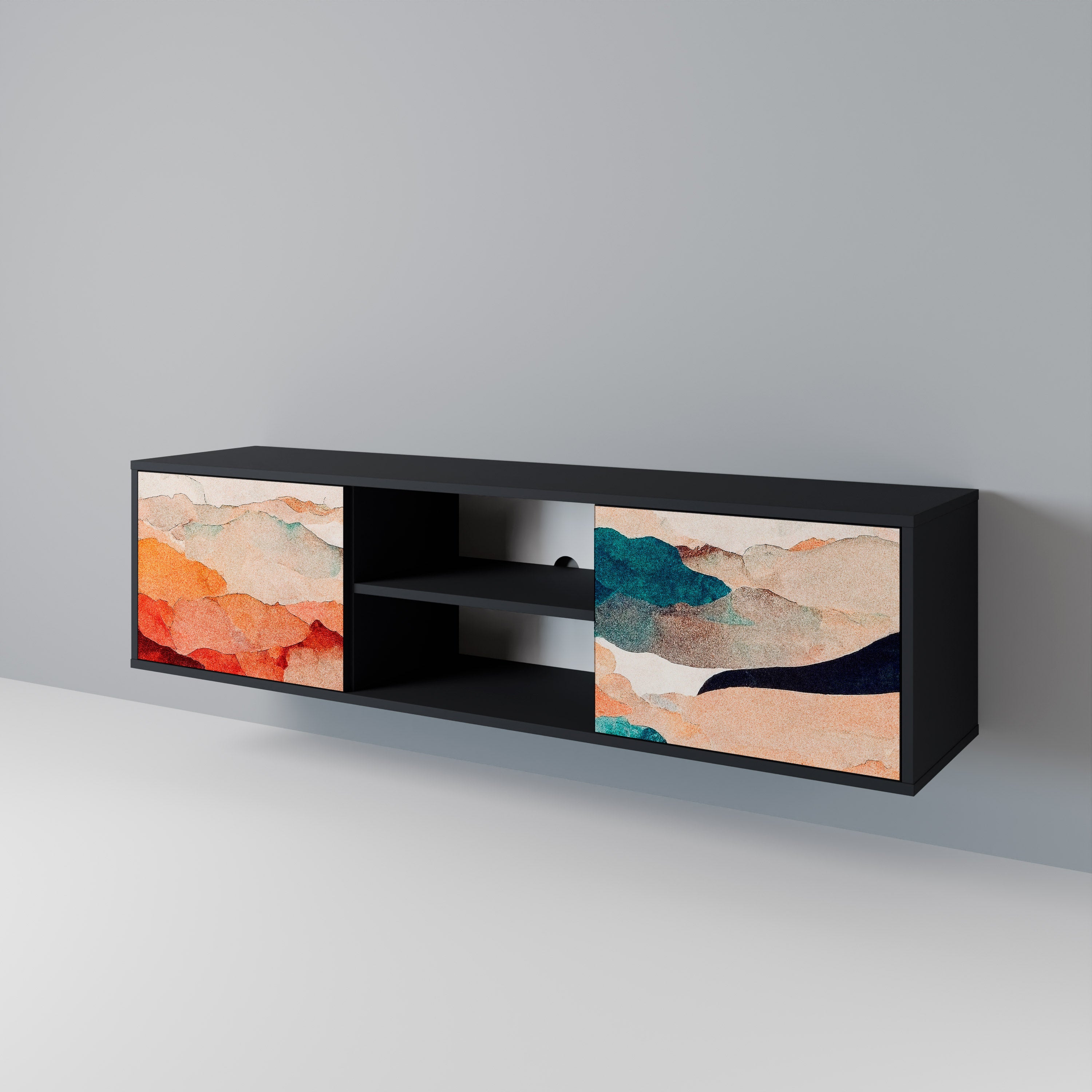 Mueble de TV de 2 puertas PAISAJE ABSTRACTO en acabado negro