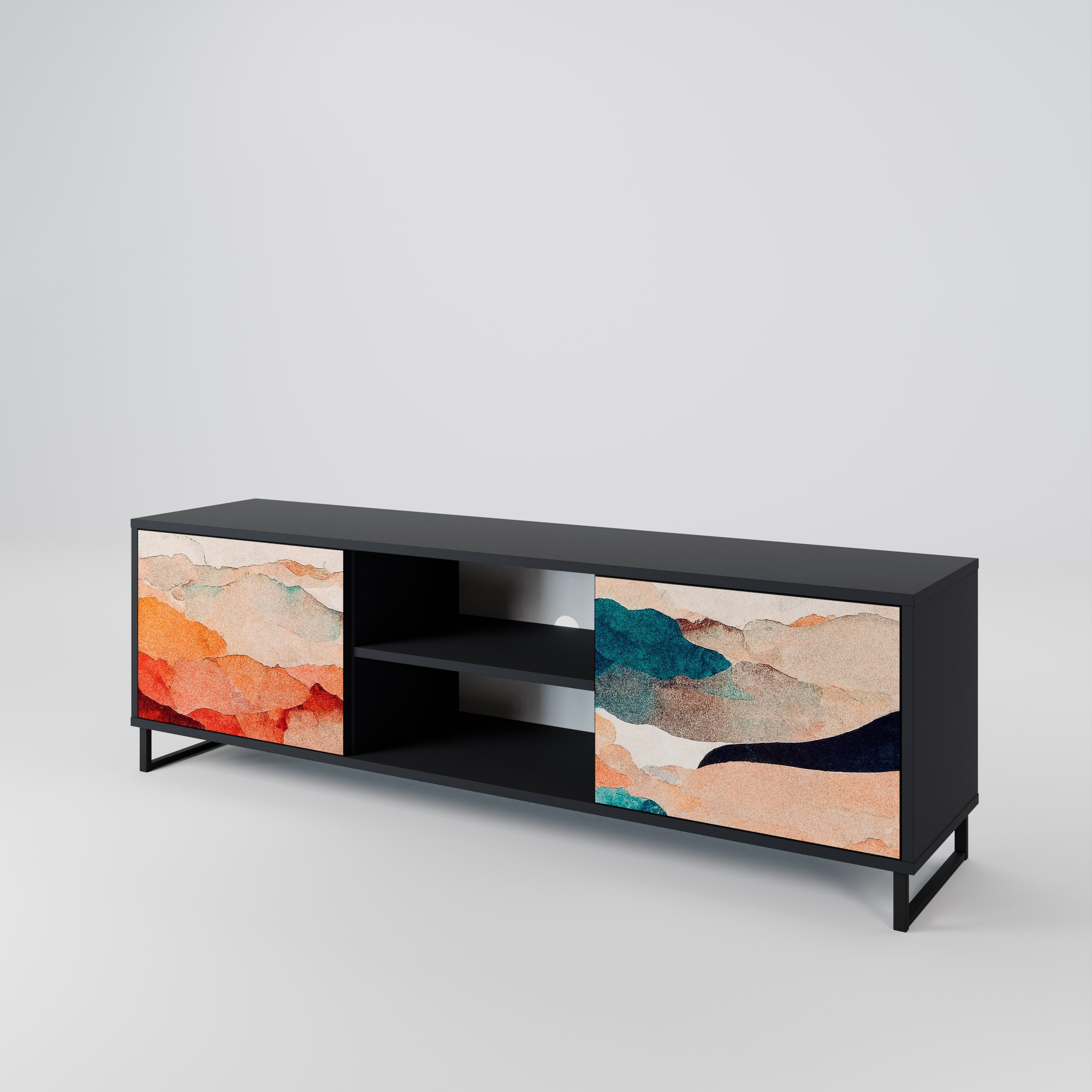 Mueble de TV de 2 puertas PAISAJE ABSTRACTO en acabado negro