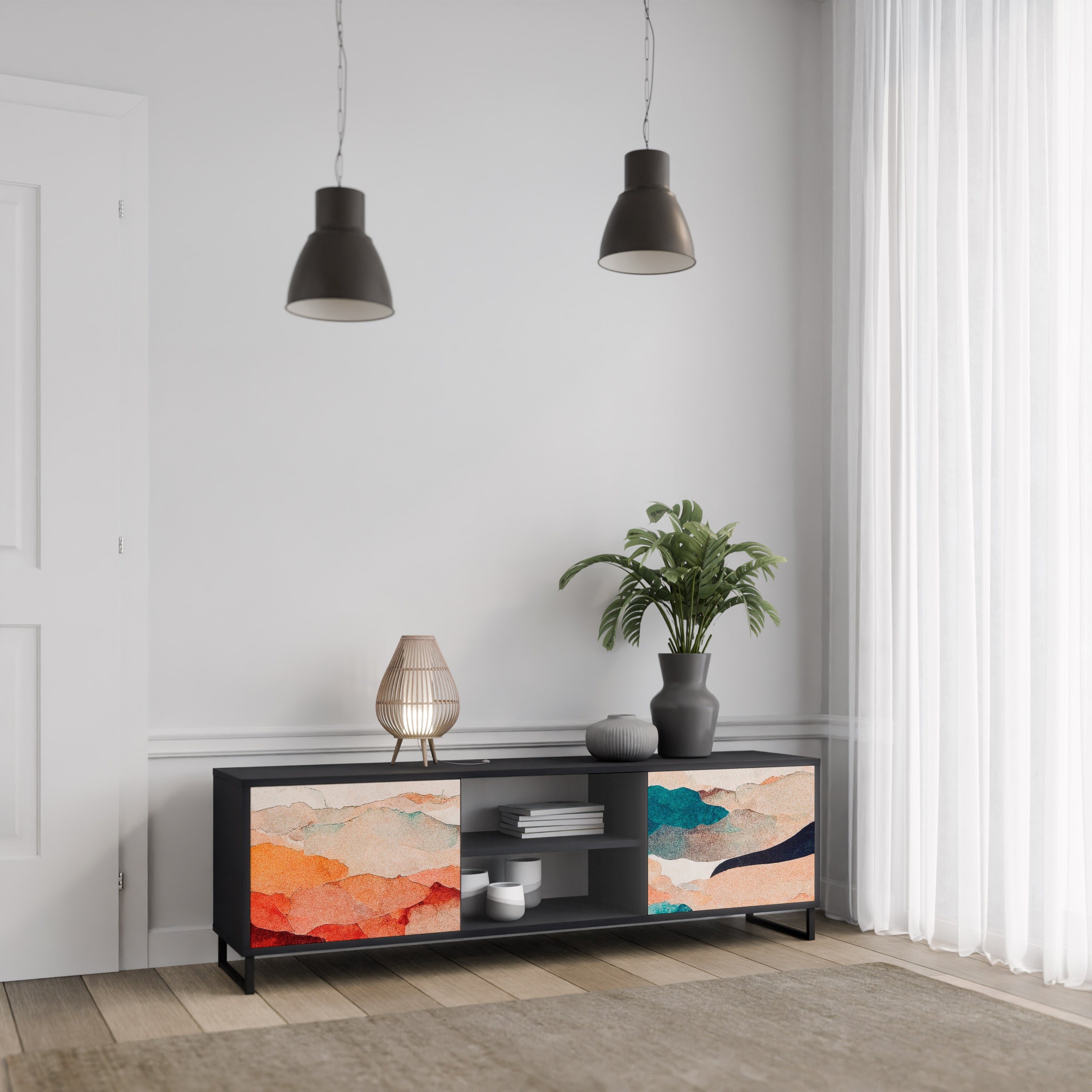 Mueble de TV de 2 puertas PAISAJE ABSTRACTO en acabado negro