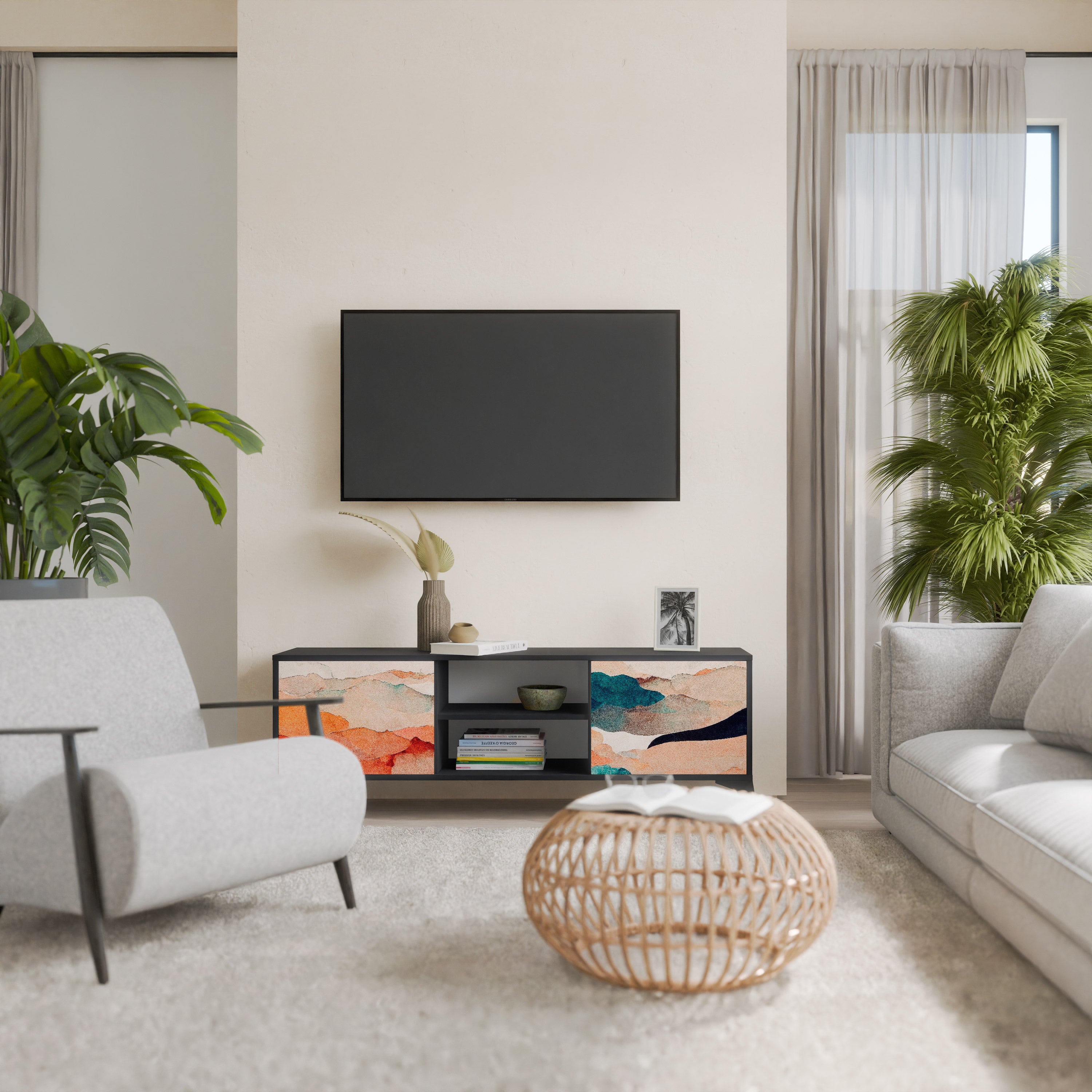 Mueble de TV de 2 puertas PAISAJE ABSTRACTO en acabado negro