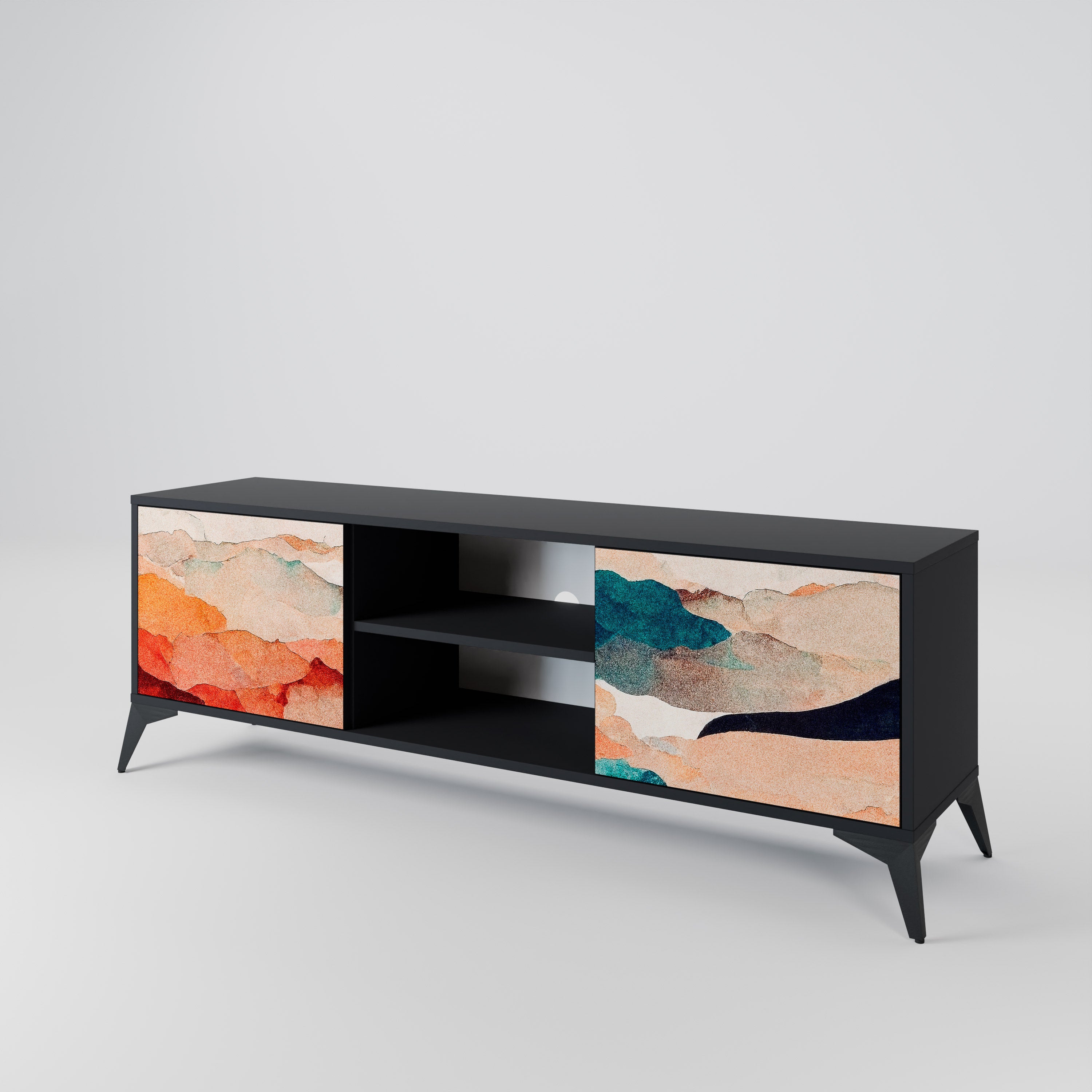 Mueble de TV de 2 puertas PAISAJE ABSTRACTO en acabado negro