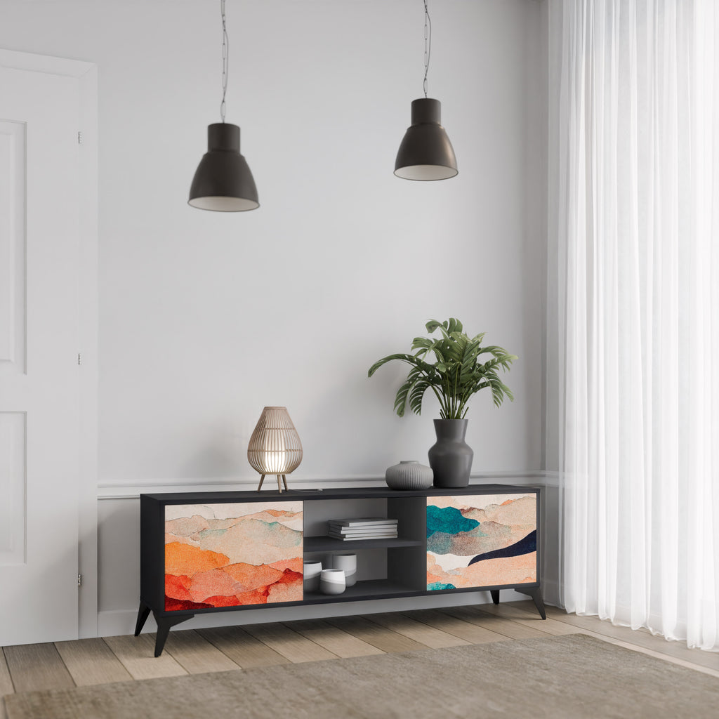 Mueble de TV de 2 puertas PAISAJE ABSTRACTO en acabado negro