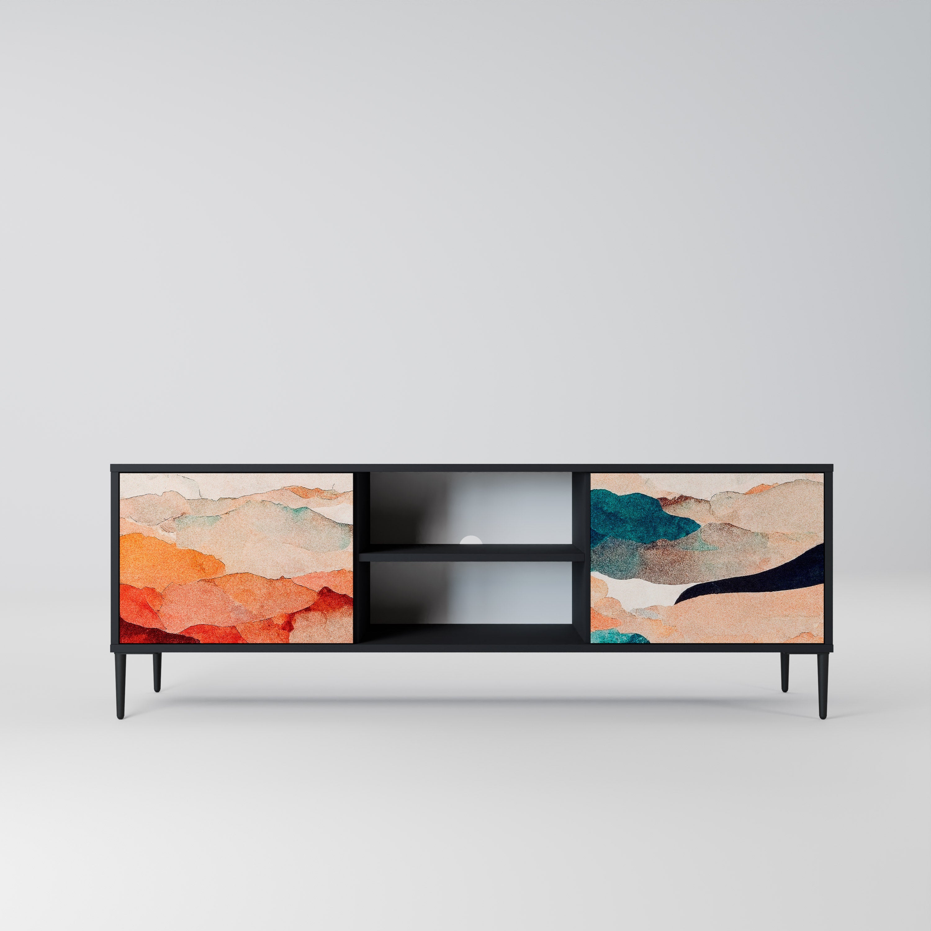 Mueble de TV de 2 puertas PAISAJE ABSTRACTO en acabado negro
