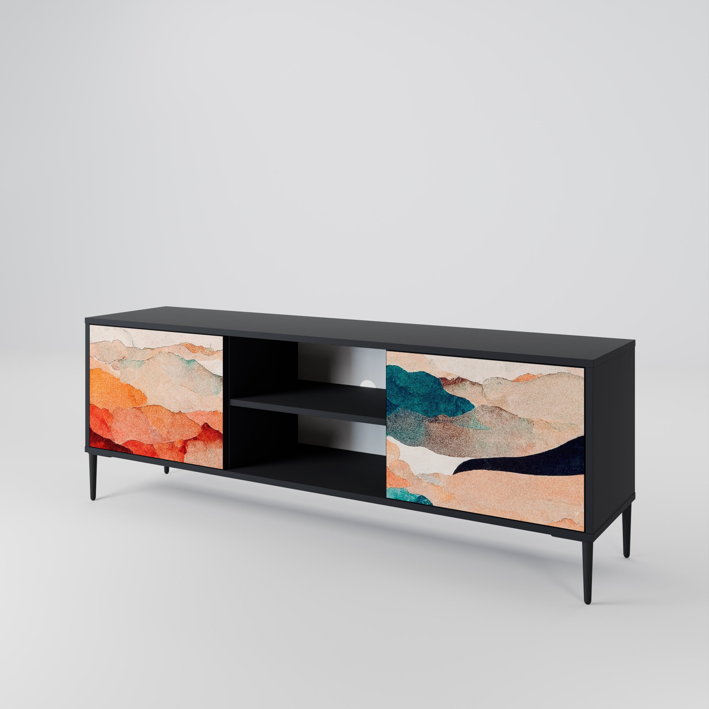 Mueble de TV de 2 puertas PAISAJE ABSTRACTO en acabado negro