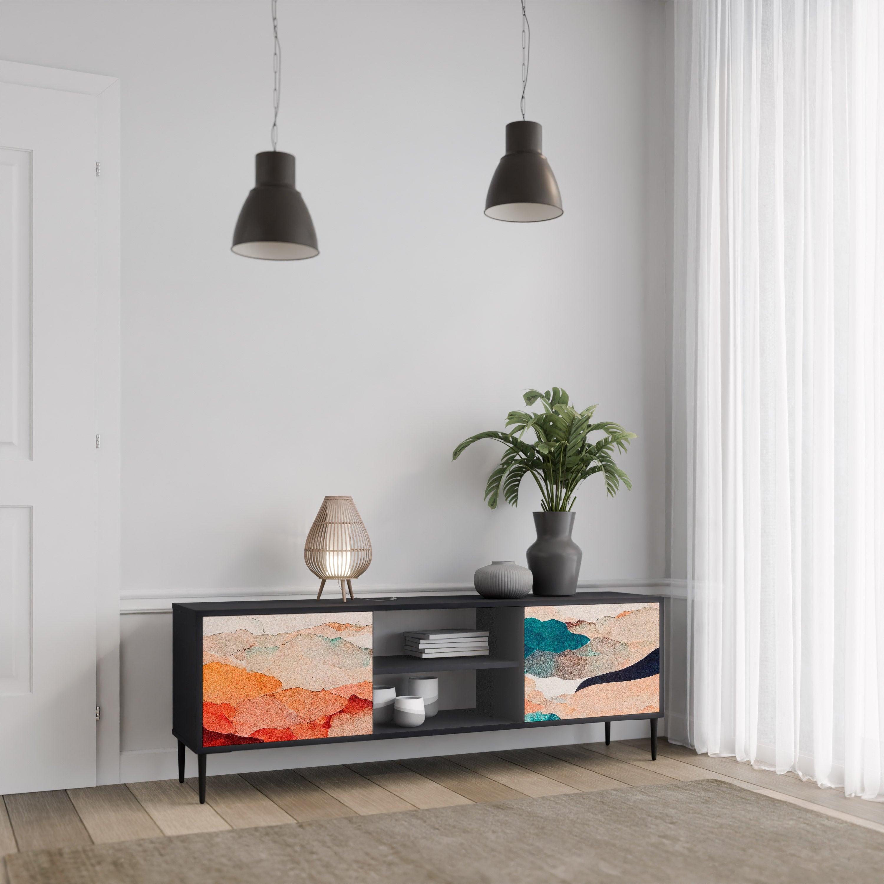 Mueble de TV de 2 puertas PAISAJE ABSTRACTO en acabado negro