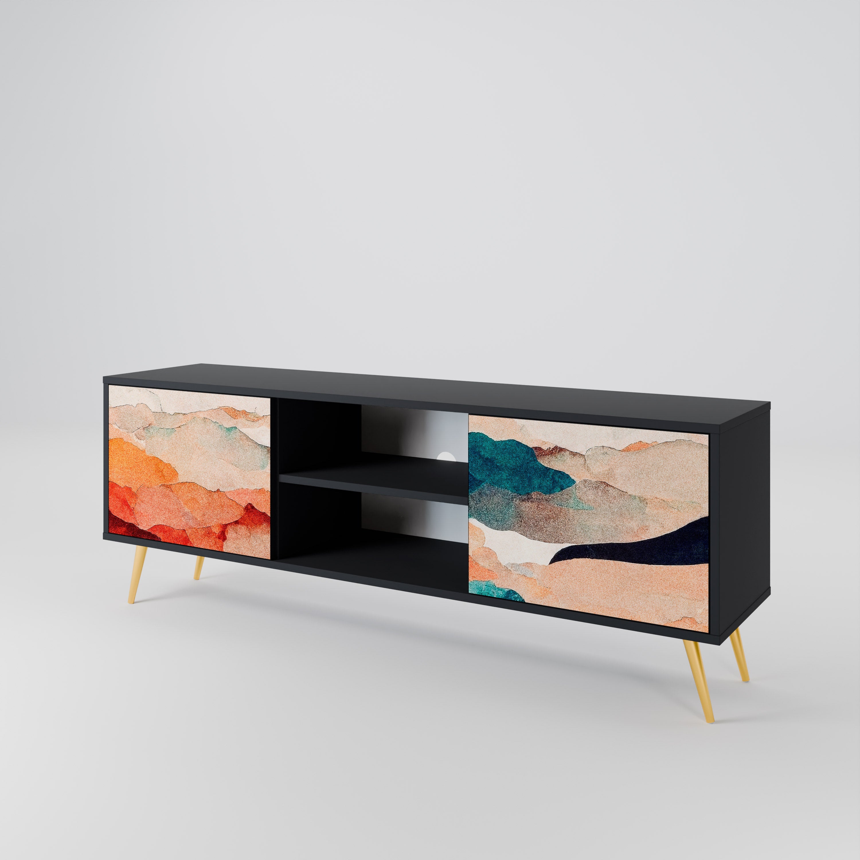 Mueble de TV de 2 puertas PAISAJE ABSTRACTO en acabado negro