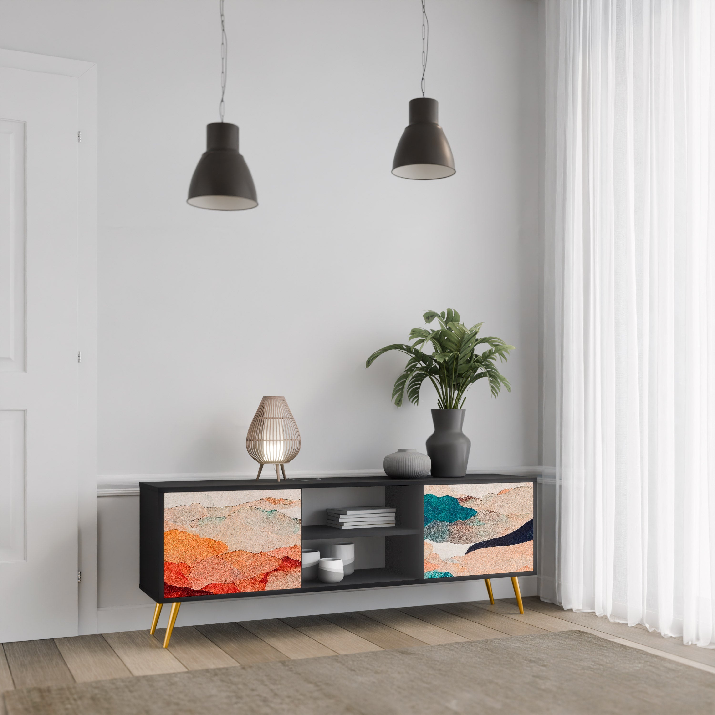 Mueble de TV de 2 puertas PAISAJE ABSTRACTO en acabado negro