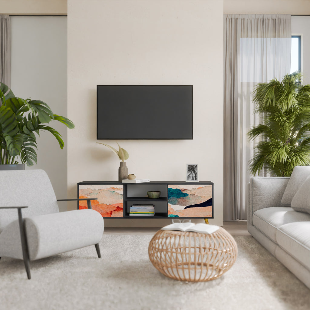 Mueble de TV de 2 puertas PAISAJE ABSTRACTO en acabado negro