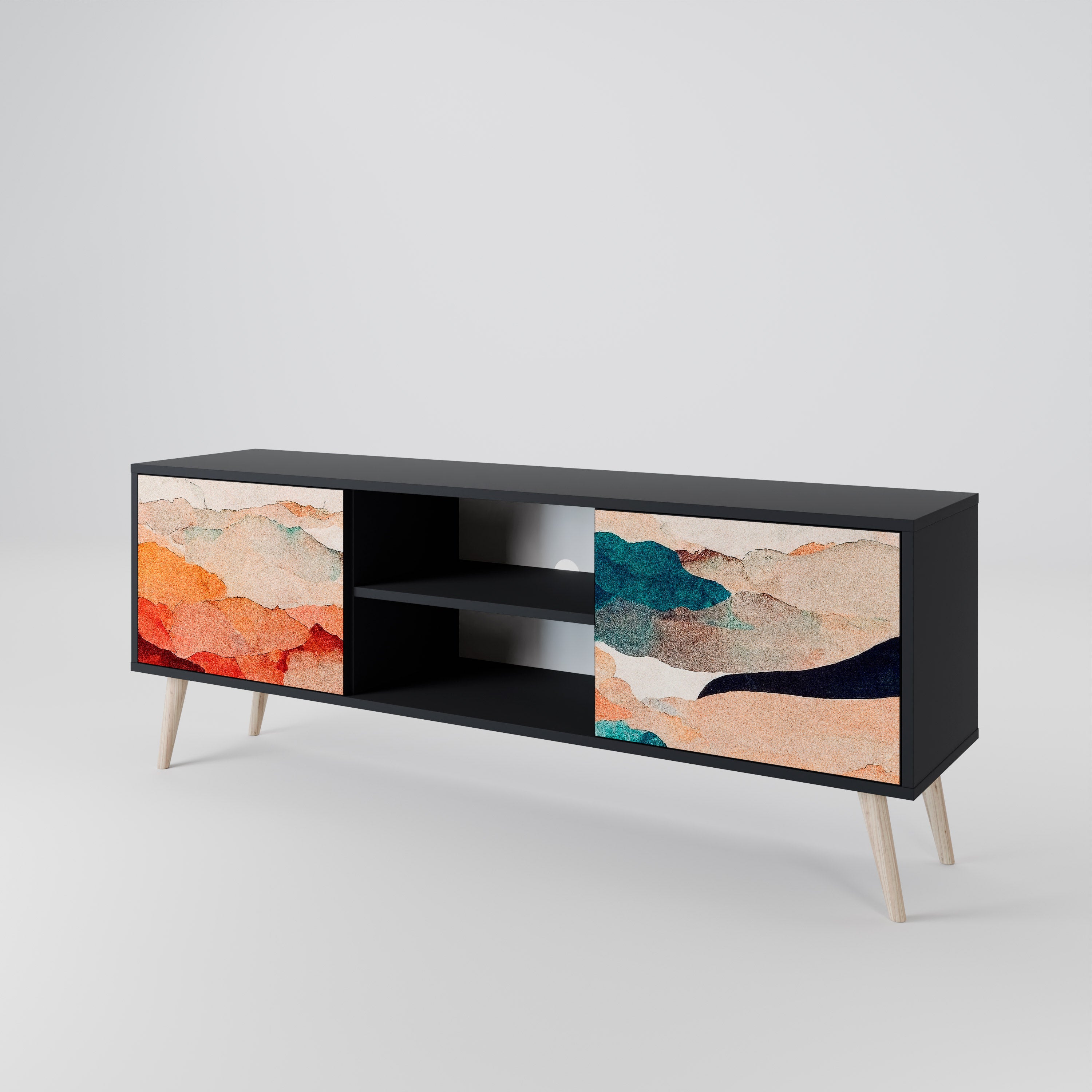 Mueble de TV de 2 puertas PAISAJE ABSTRACTO en acabado negro