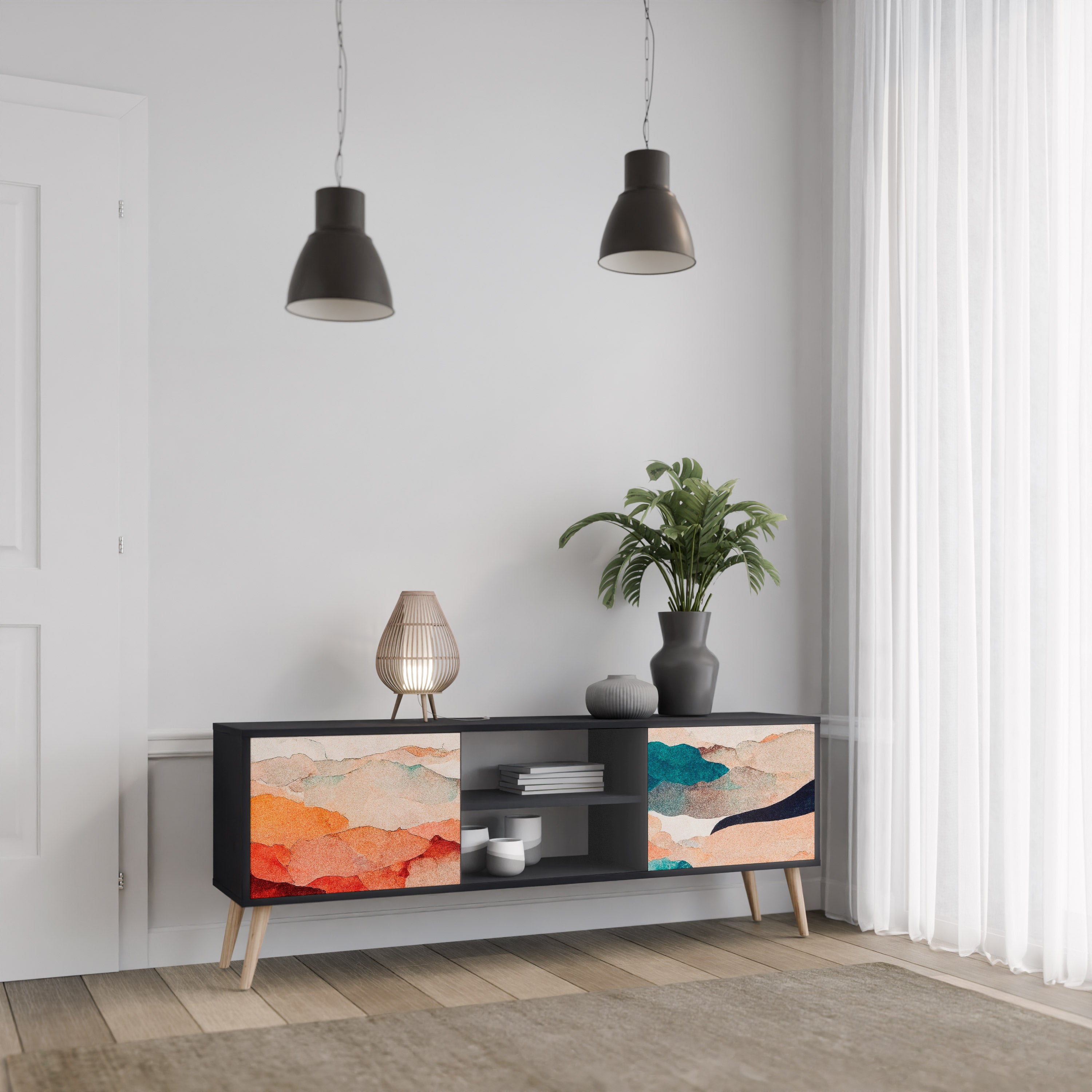Mueble de TV de 2 puertas PAISAJE ABSTRACTO en acabado negro