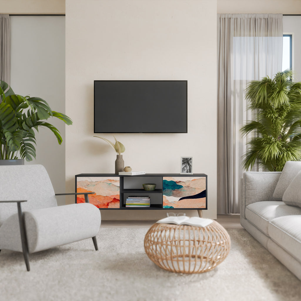 Mueble de TV de 2 puertas PAISAJE ABSTRACTO en acabado negro