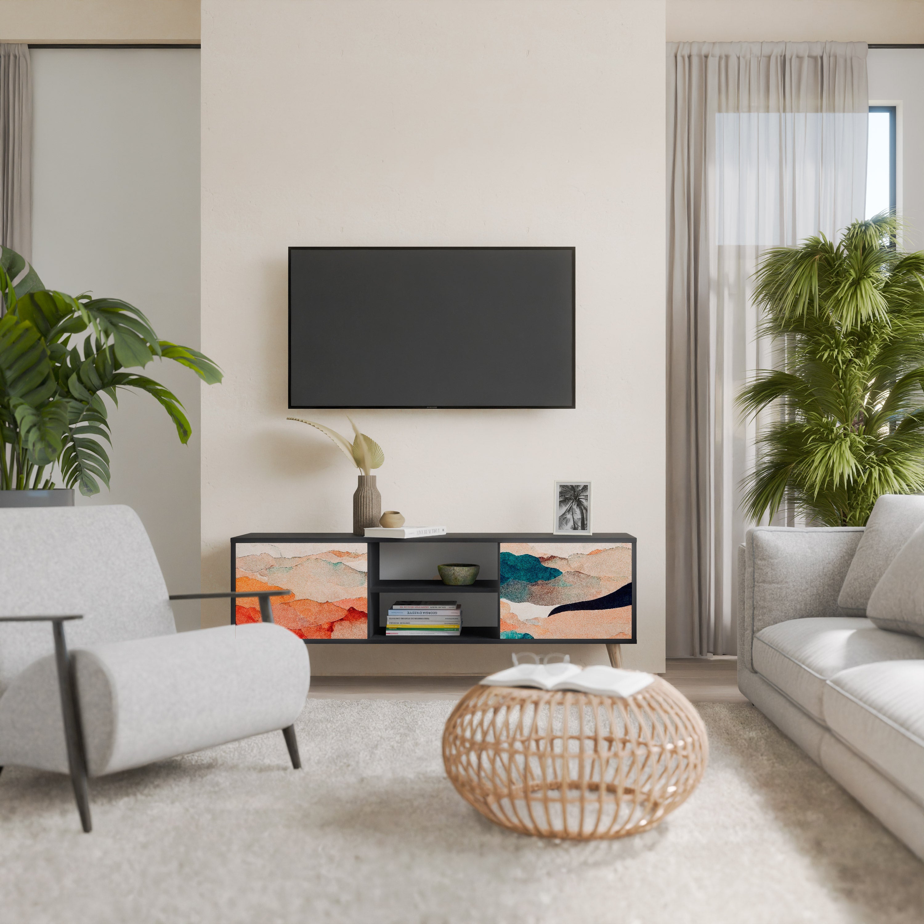 Mueble de TV de 2 puertas PAISAJE ABSTRACTO en acabado negro