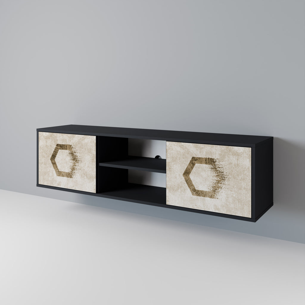 Mueble de TV de 2 puertas con formas hexagonales en acabado negro