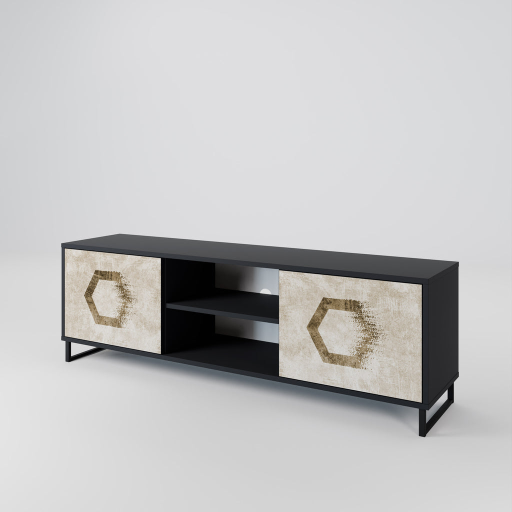 Mueble de TV de 2 puertas con formas hexagonales en acabado negro