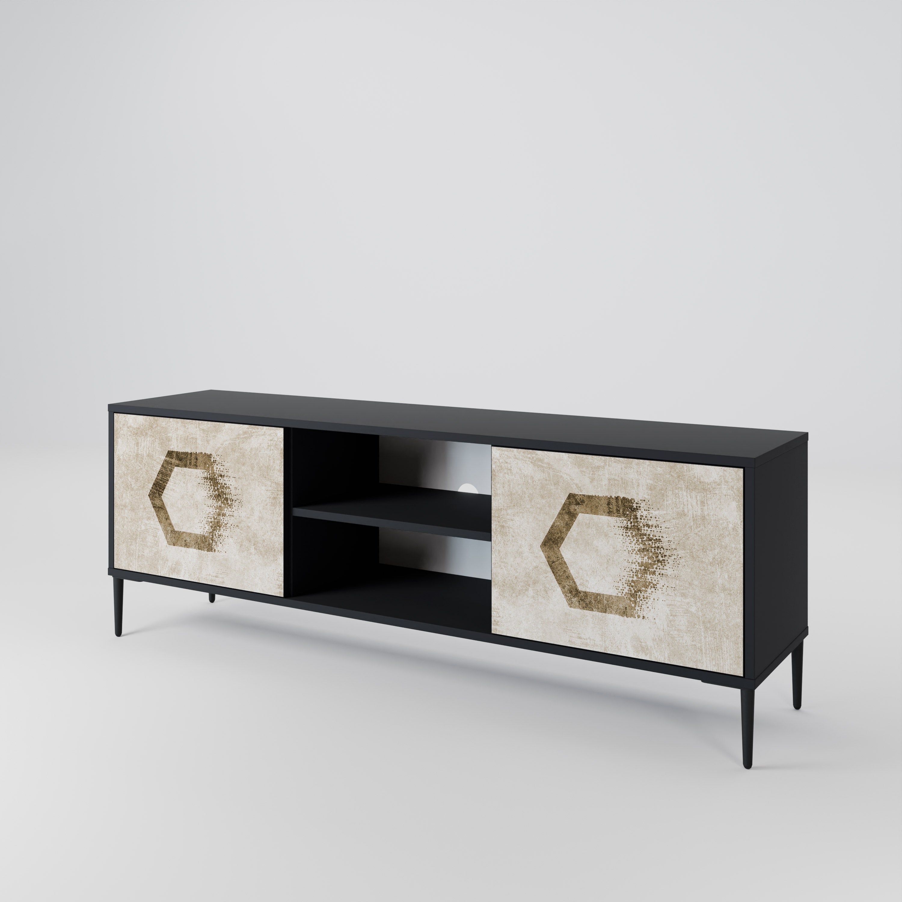 Mueble de TV de 2 puertas con formas hexagonales en acabado negro