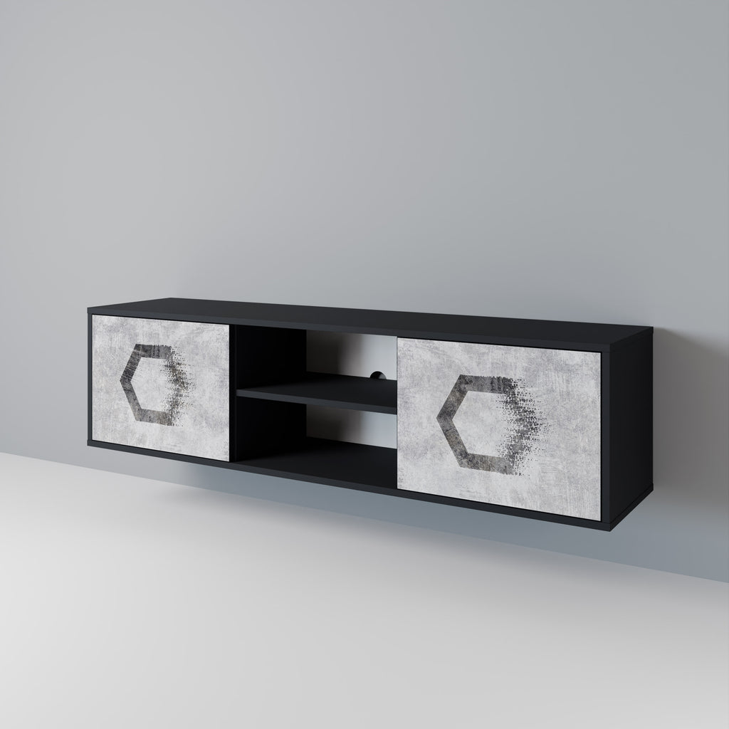 Mueble de TV de 2 puertas con figuras hexagonales en acabado negro