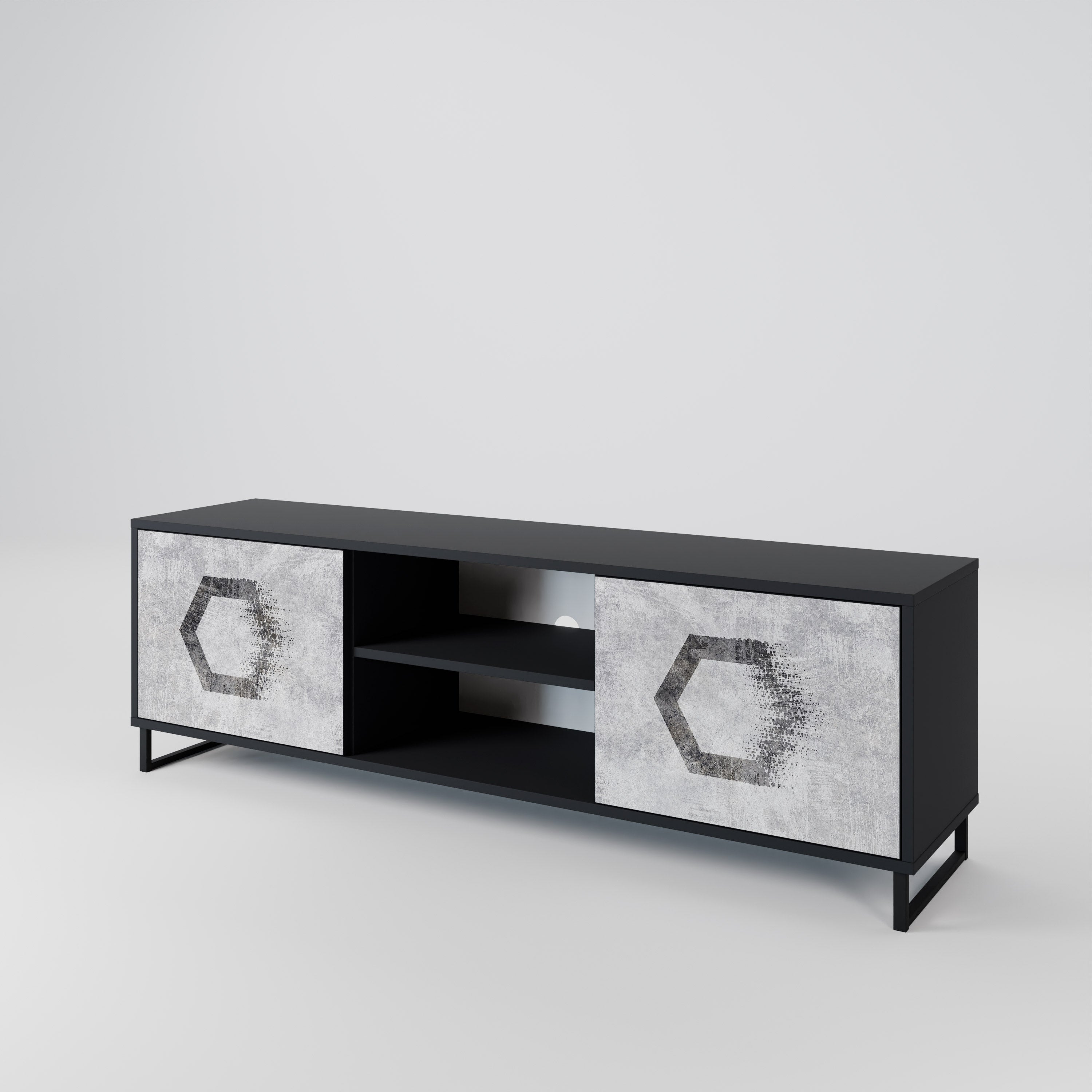 Mueble de TV de 2 puertas con figuras hexagonales en acabado negro