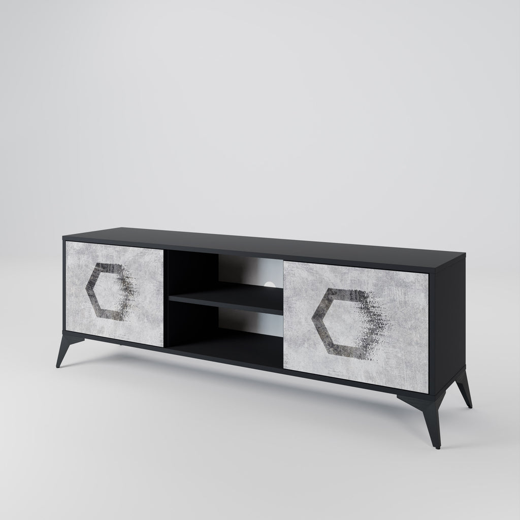Mueble de TV de 2 puertas con figuras hexagonales en acabado negro