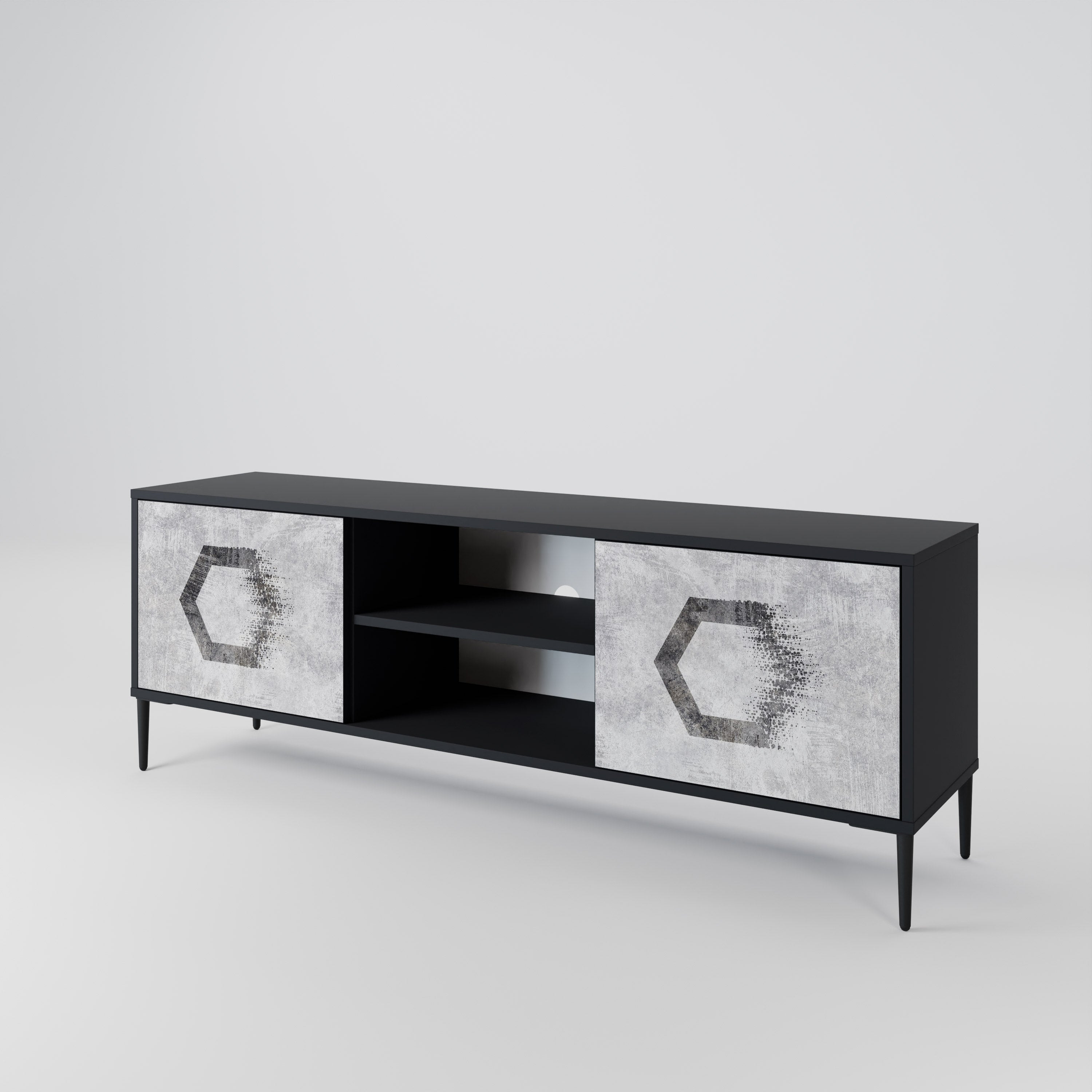 Mueble de TV de 2 puertas con figuras hexagonales en acabado negro