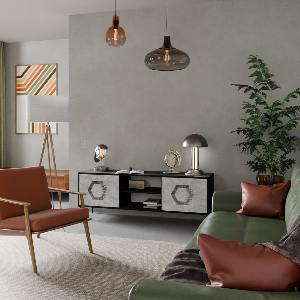 Mueble de TV de 2 puertas con figuras hexagonales en acabado negro