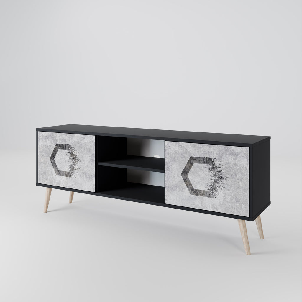 Mueble de TV de 2 puertas con figuras hexagonales en acabado negro