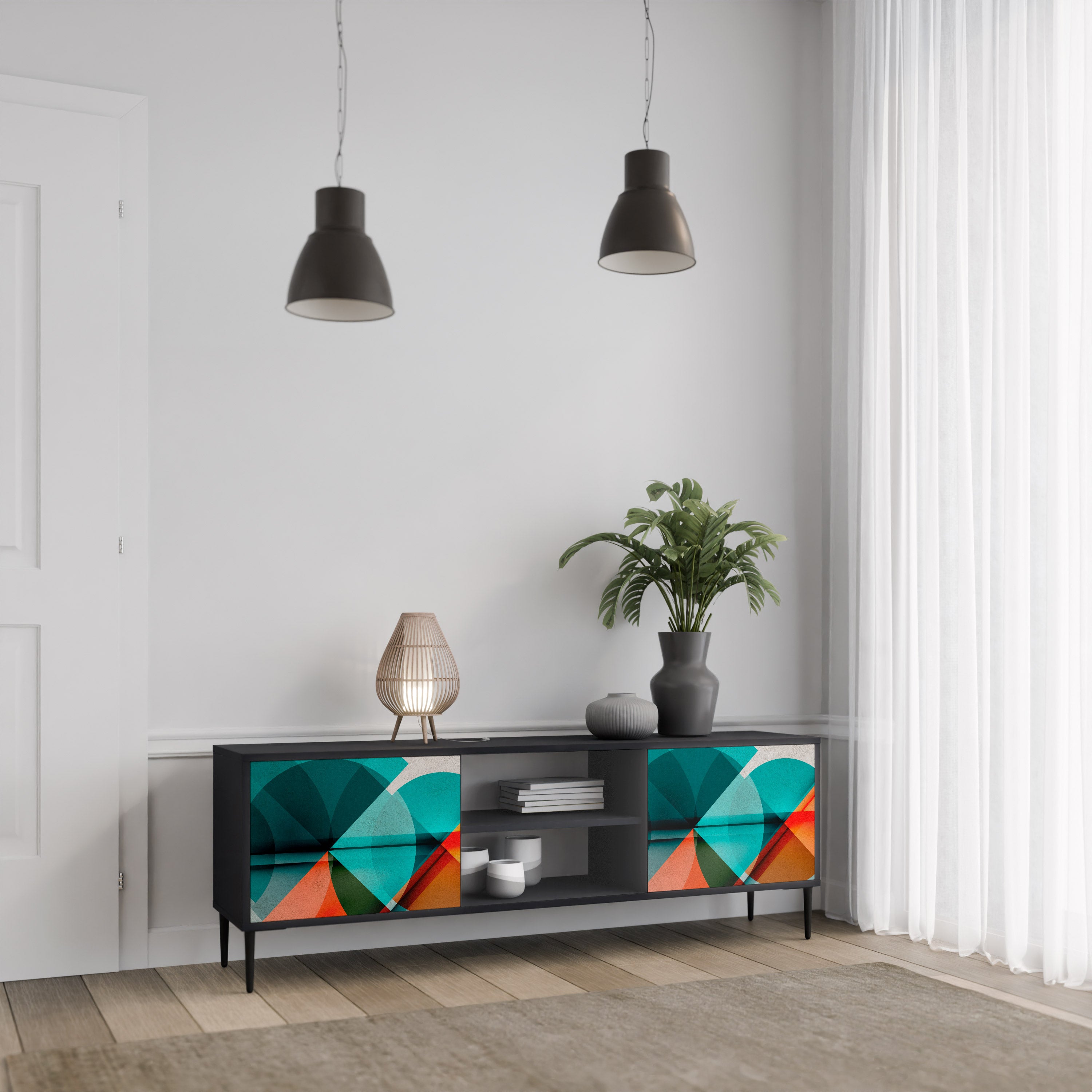 Mueble de TV CIRCULAR RHAPSODY de 2 puertas con acabado negro