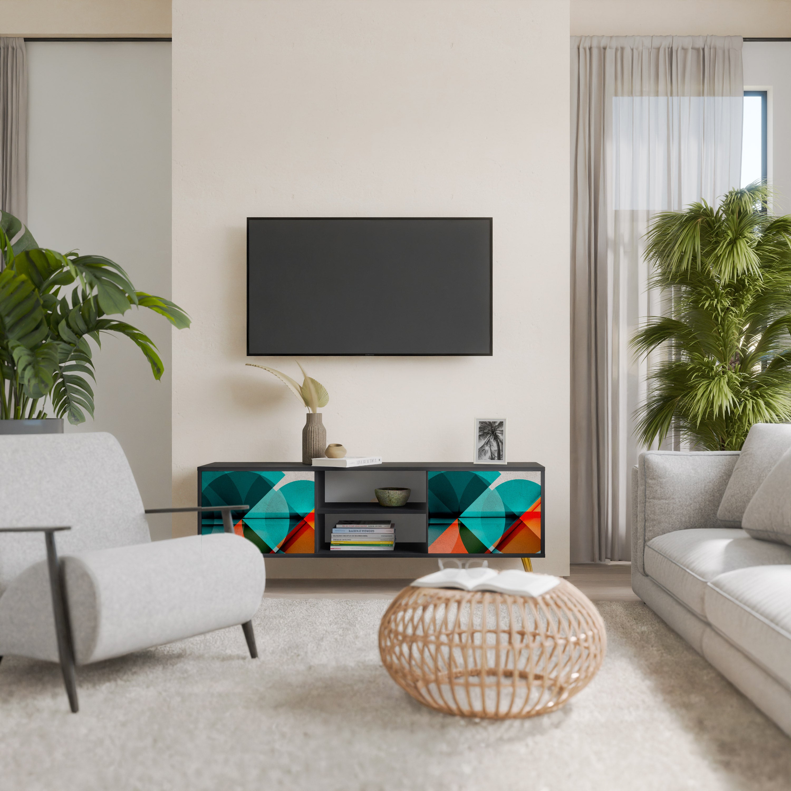 Mueble de TV CIRCULAR RHAPSODY de 2 puertas con acabado negro