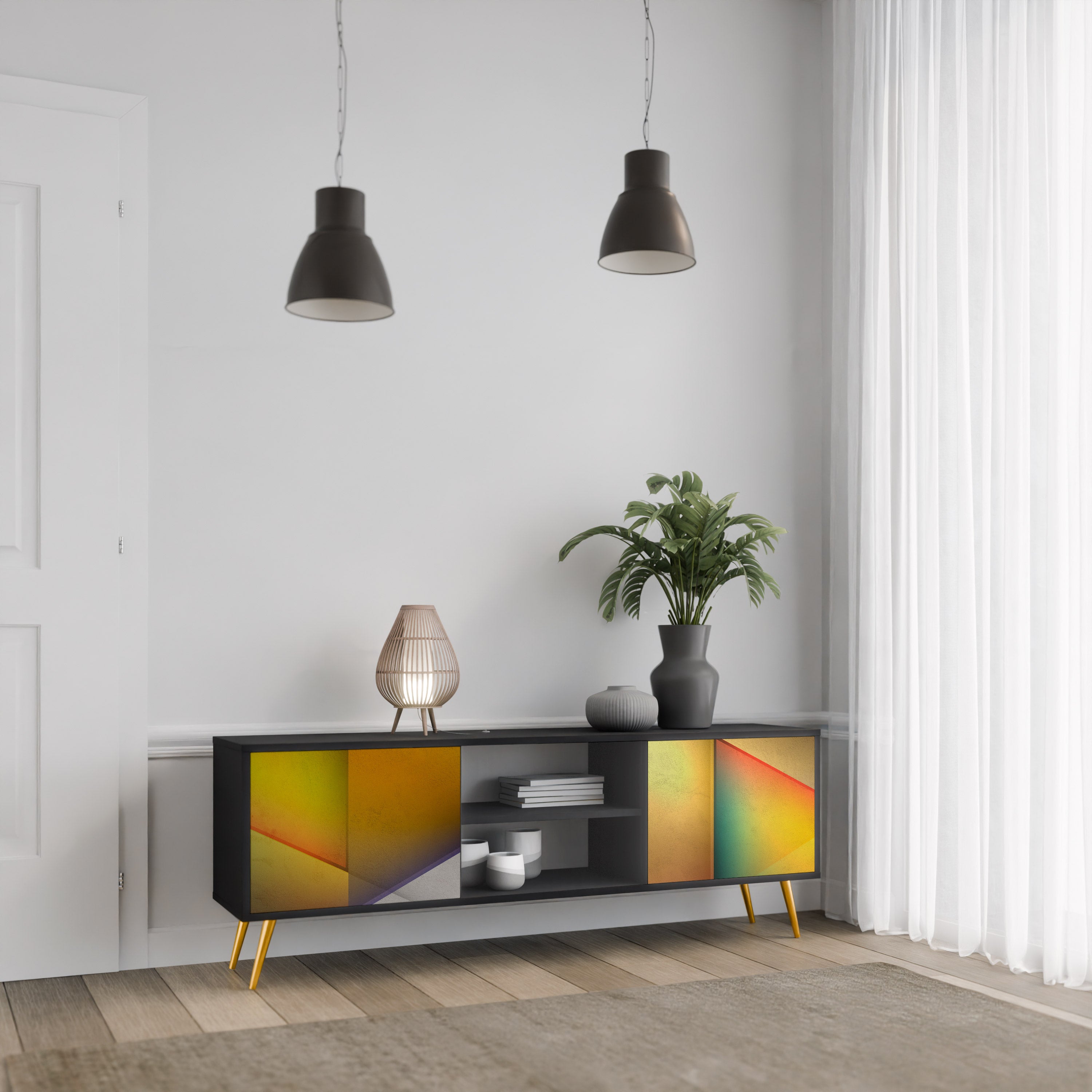 Mueble de TV de 2 puertas con acabado negro y nitidez penetrante