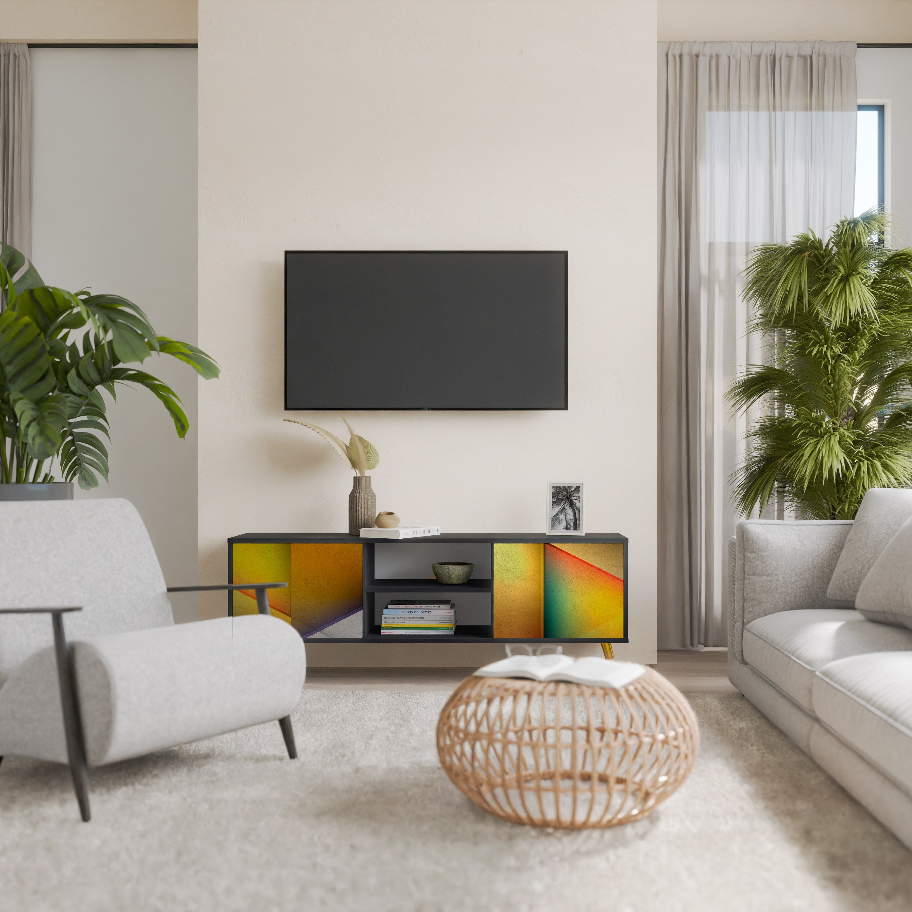 Mueble de TV de 2 puertas con acabado negro y nitidez penetrante