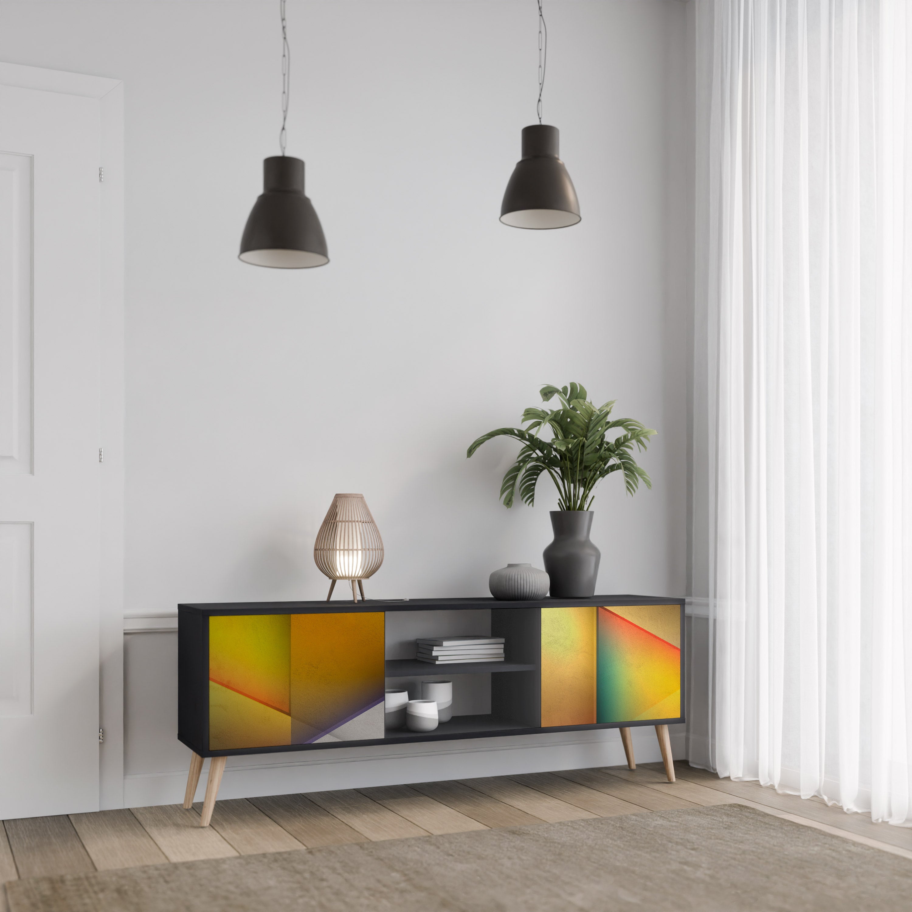 Mueble de TV de 2 puertas con acabado negro y nitidez penetrante